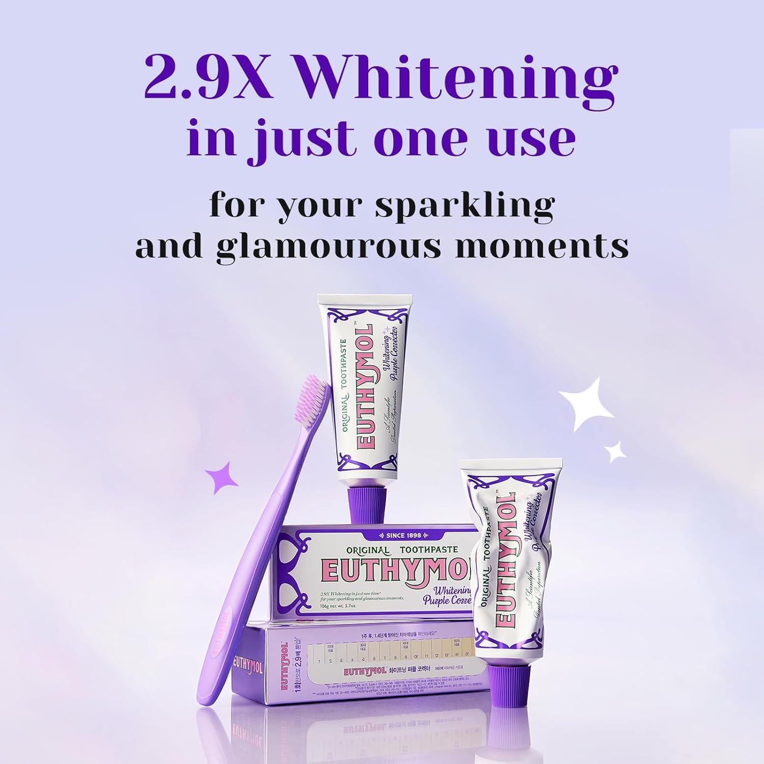 Euthymol Purple Whitening Toothpaste 3.7 fl oz in a 2-pack, featuring bright purple packaging and a tube of toothpaste with a toothbrush