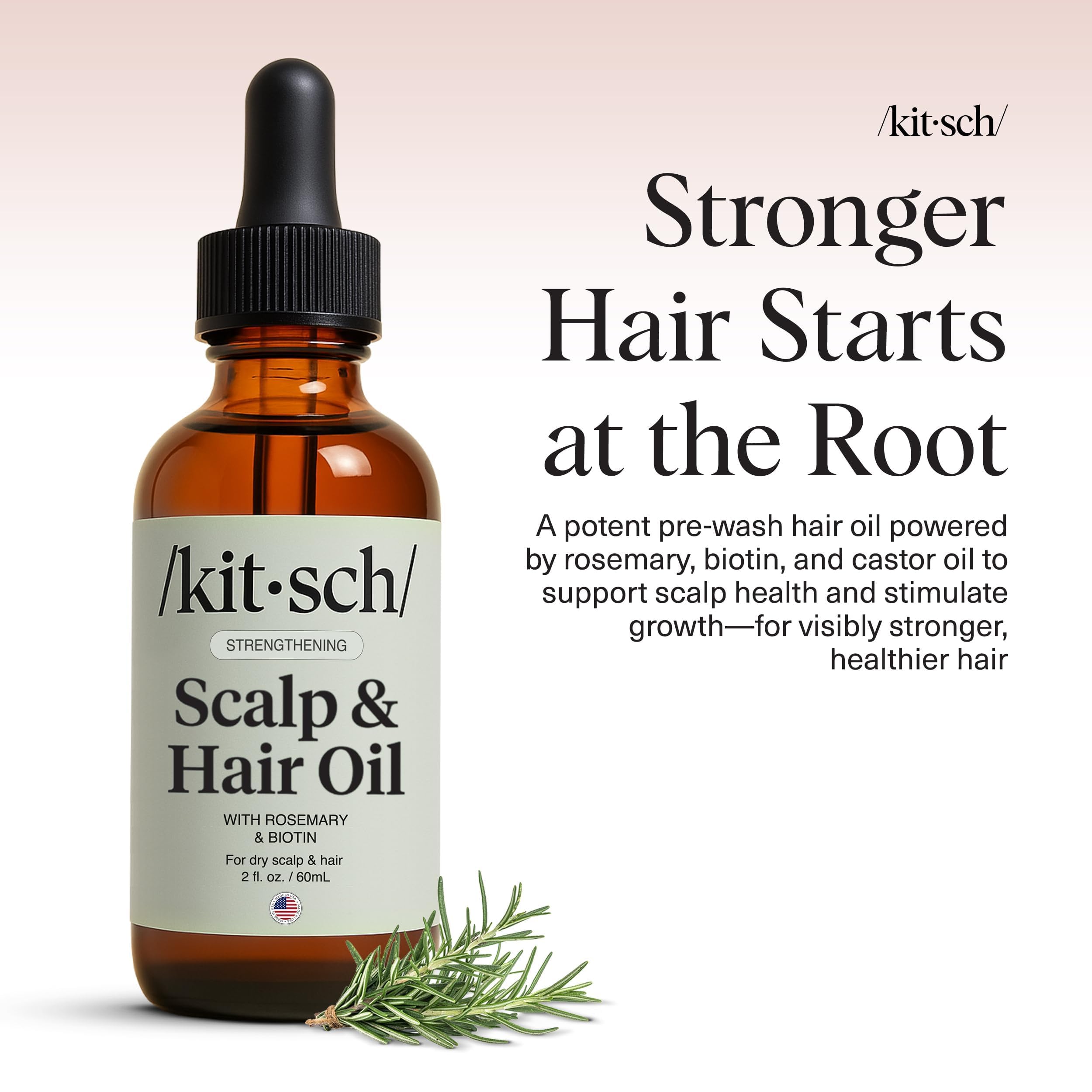 Kitsch Rosemary Hair Growth Oil bottle with castor oil, biotin, and jojoba for topical hair regrowth treatment.