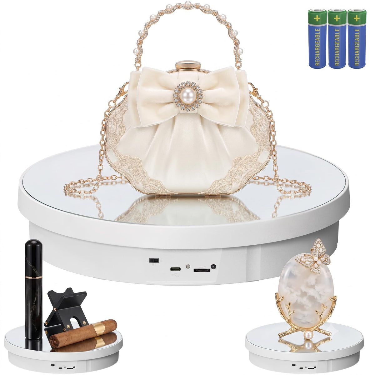 JAYEGT Motorized Rotating Display Stand, 12.6inch /44Lbs Load ,Real Mirror Cover ，360 Degree Electric Rotating Turntable