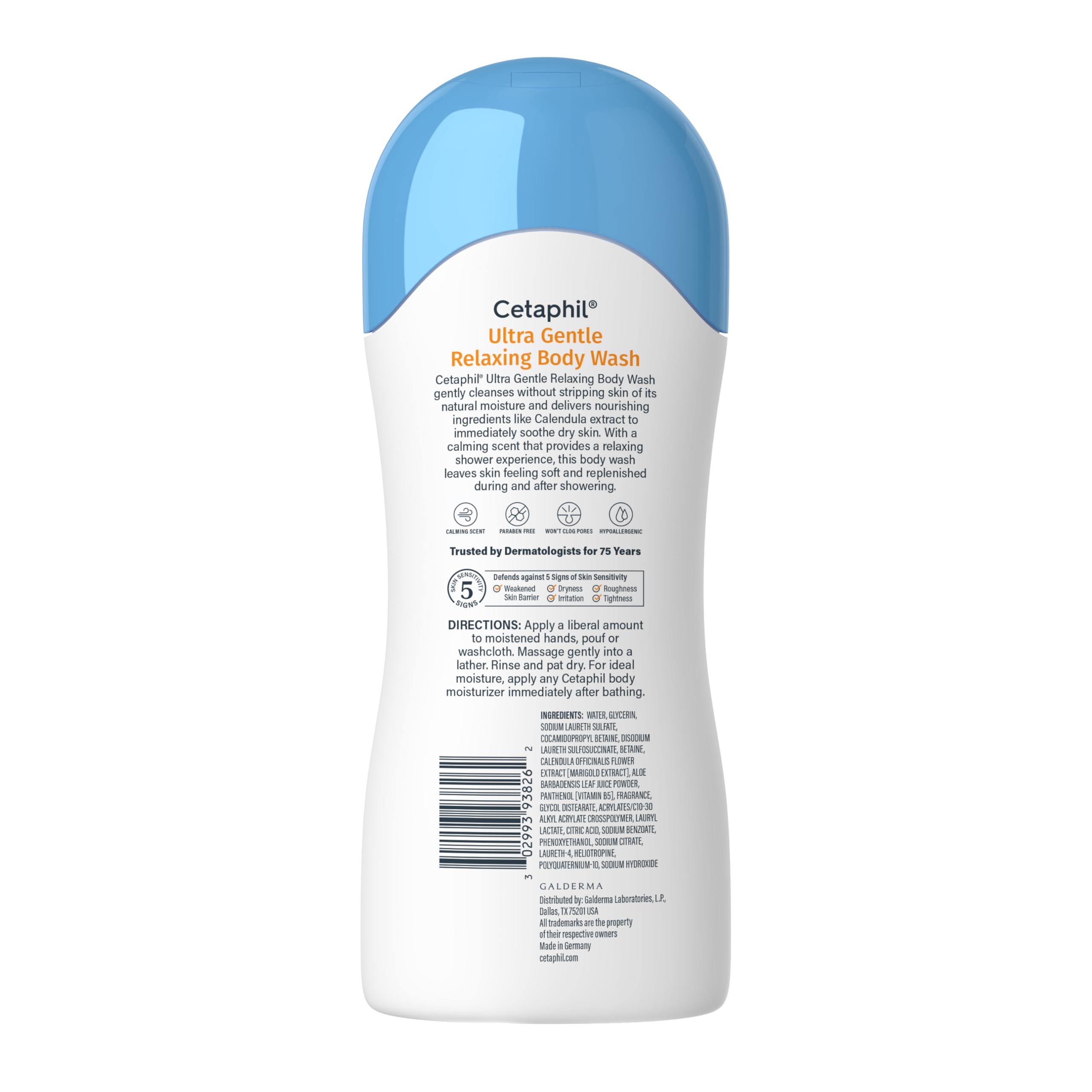 Cetaphil Ultra Gentle Refreshing Body Wash for dry to normal skin, with aloe vera, calendula, and vitamin B5 in a 16.9oz bottle.
