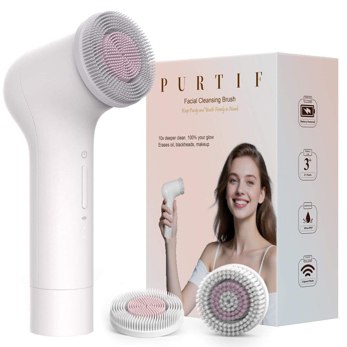 PURTIF Electric Facial Cleansing Brush - Rechargeable Silicone Face Scrubber exfoliator, Face wash Machine, Pore Cleansi