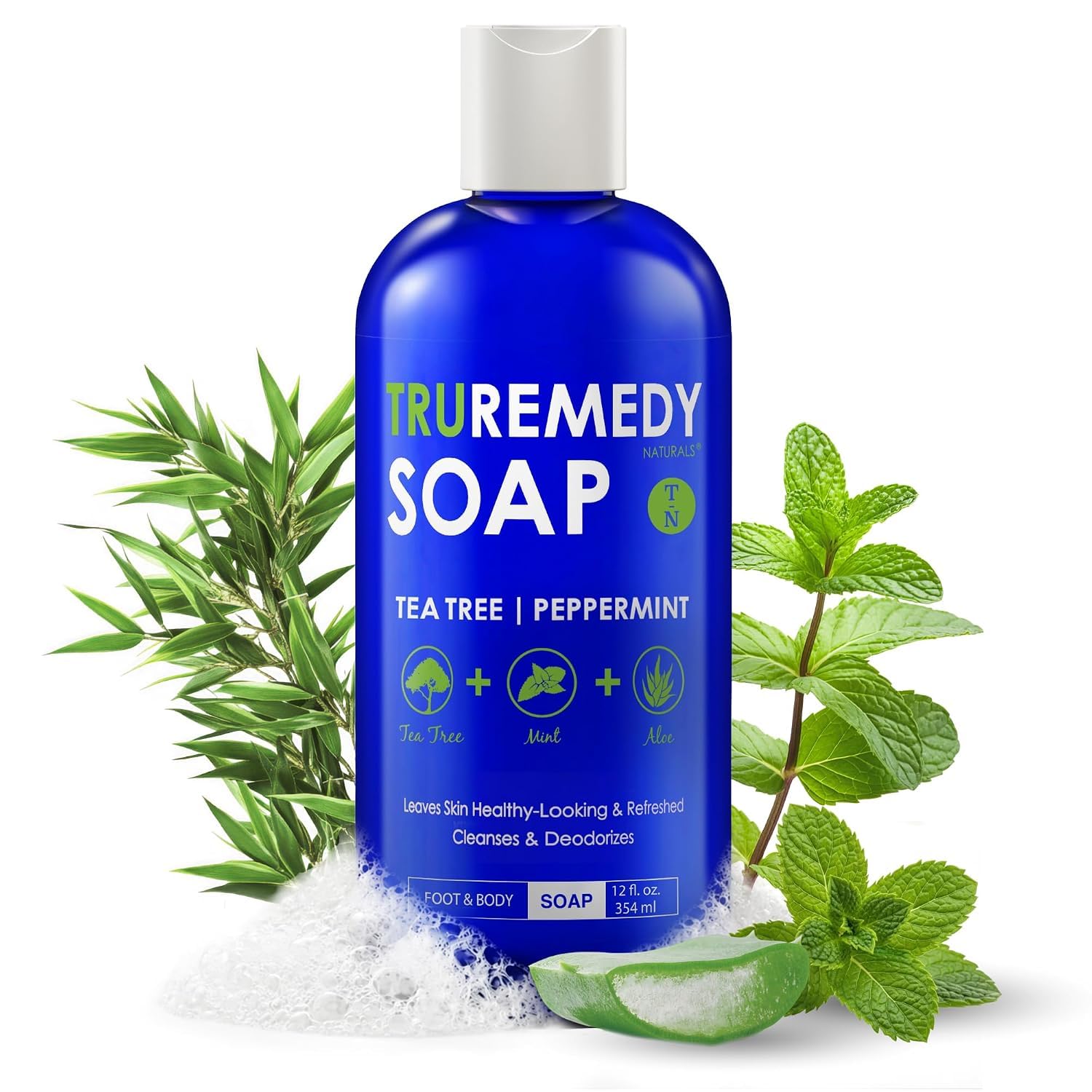 Truremedy Naturals Tea Tree and Peppermint Body Wash in a 12oz bottle, featuring natural ingredients for refreshing skin cleansing.