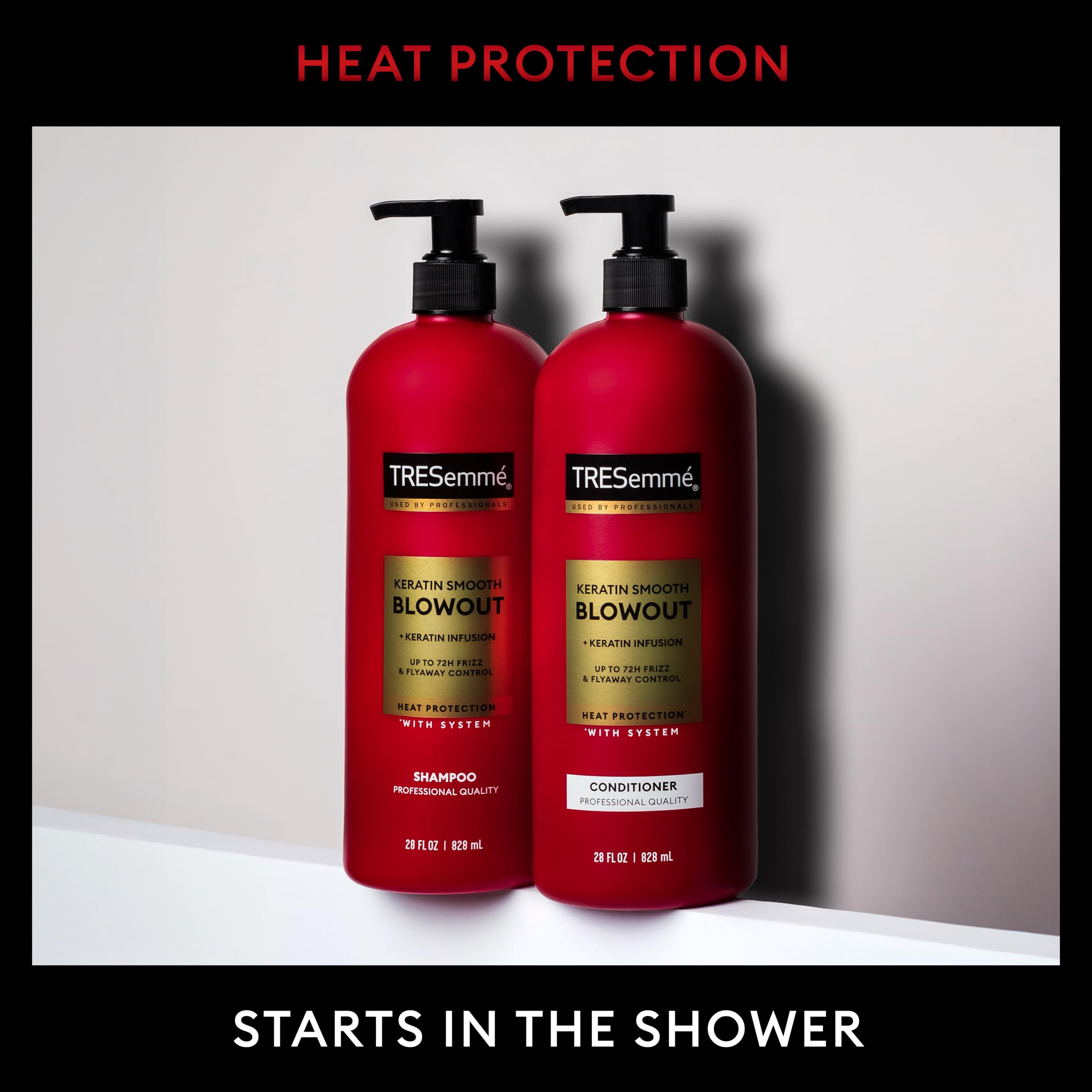 TRESemmé Keratin Smooth Hydrating Shampoo for dry hair, 28 oz bottle, shown with four bottles side by side.