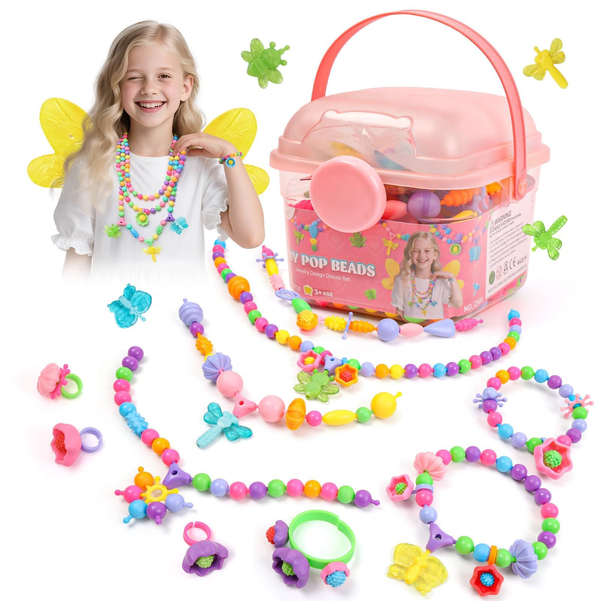 BIRANCO. Deluxe Beading Set with 350+ Pop Beads Include Butterfly, Bee, Dragonfly with Transparent Wings, and Ladybug Je