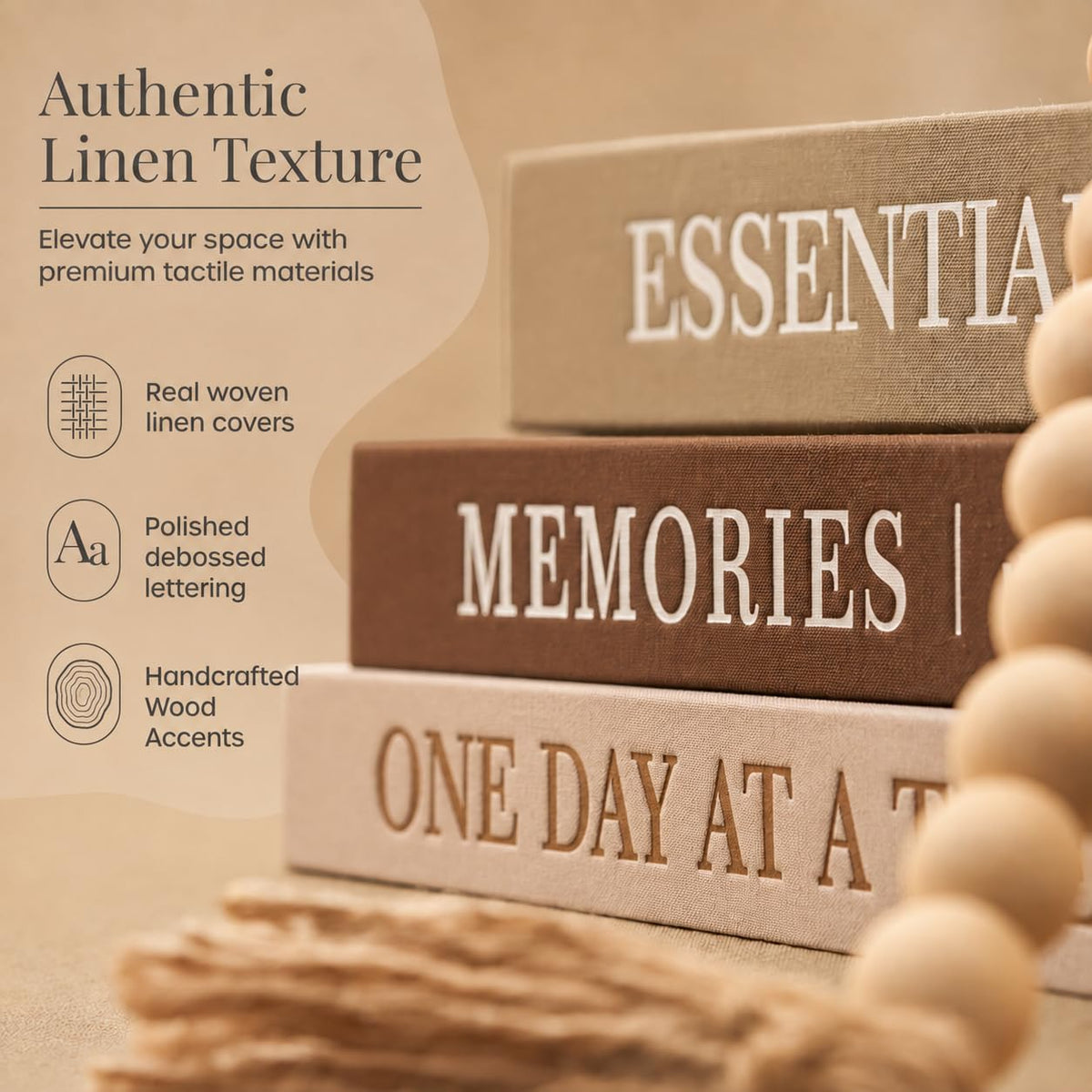 JULZEN 5Pcs Set: 3 Linen Decorative Books for Home Decor, Wood Knot & Bead Garland – full view