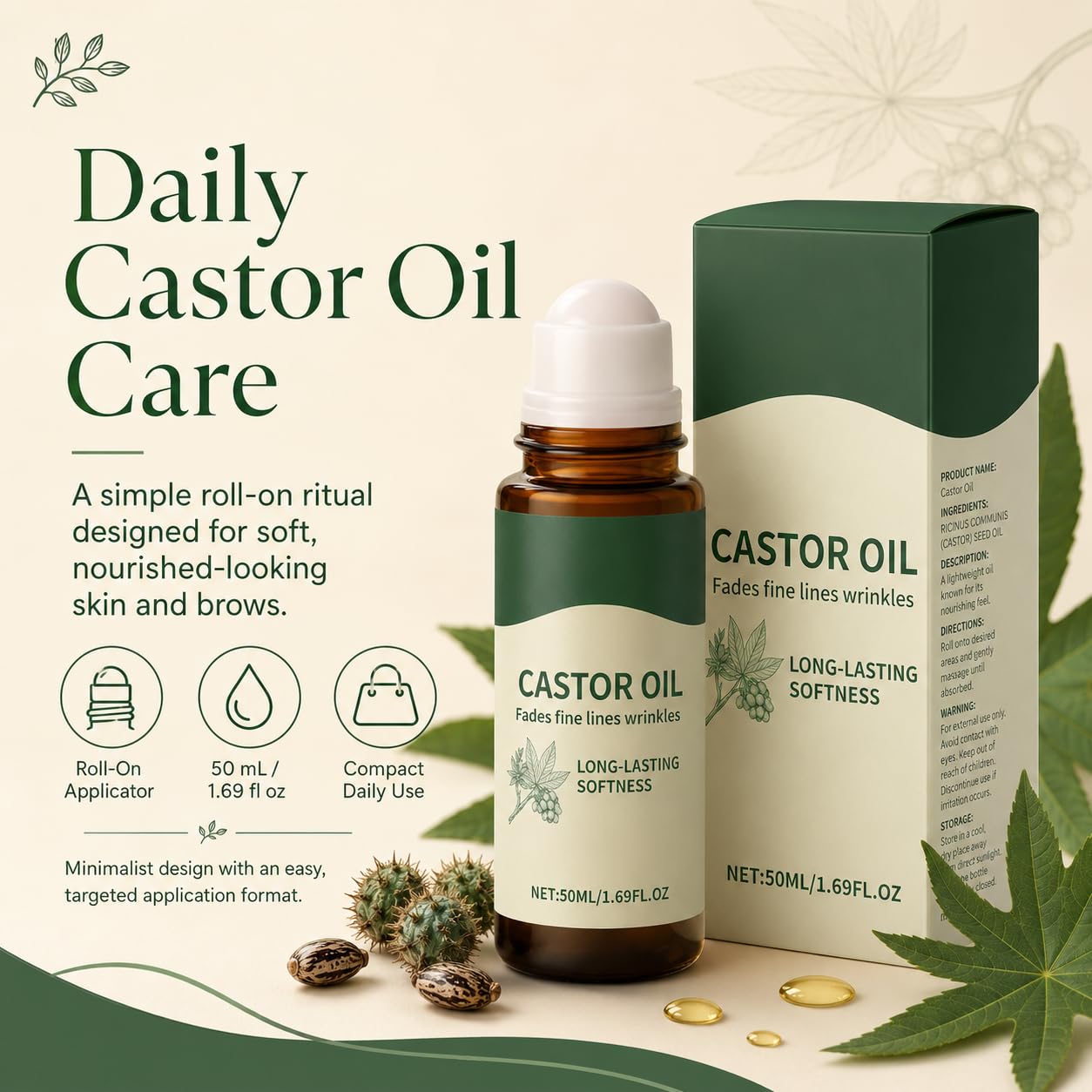 Nooche organic castor oil roll-on for hair, skin, brows, and lashes, cold-pressed, fragrance-free moisturizing oil for daily beauty care.