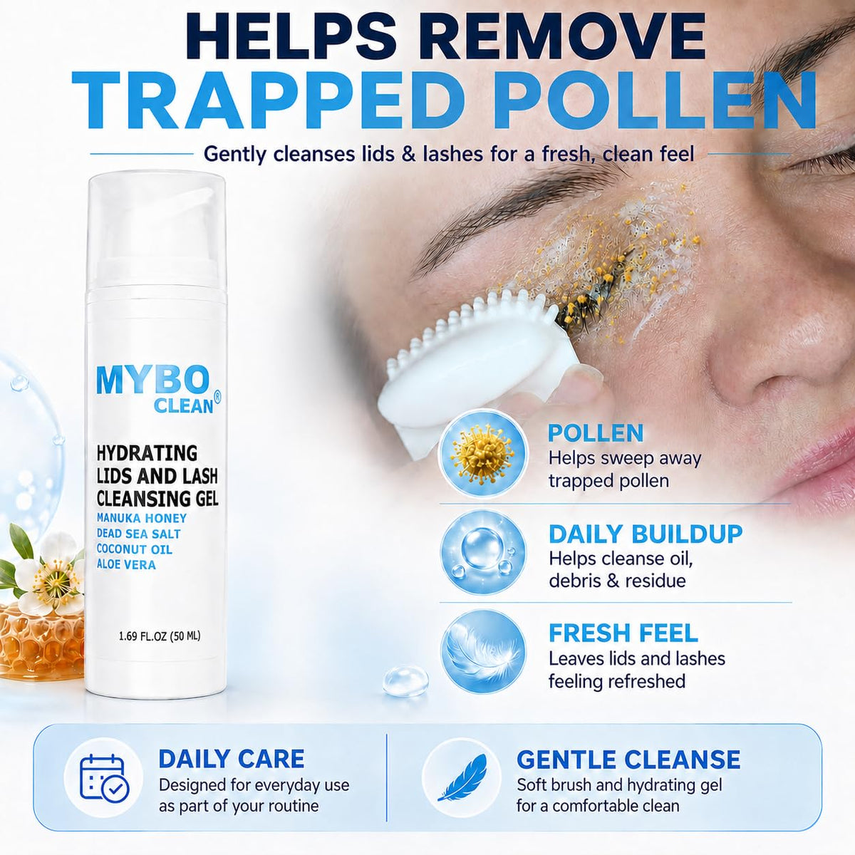 Myboclean Mybo Clean Eyelid Cleansing Brush for Sensitive Skin (1 Pc) + Hydrating Lids and Lash Cleansing Gel (1Pc) + Tr