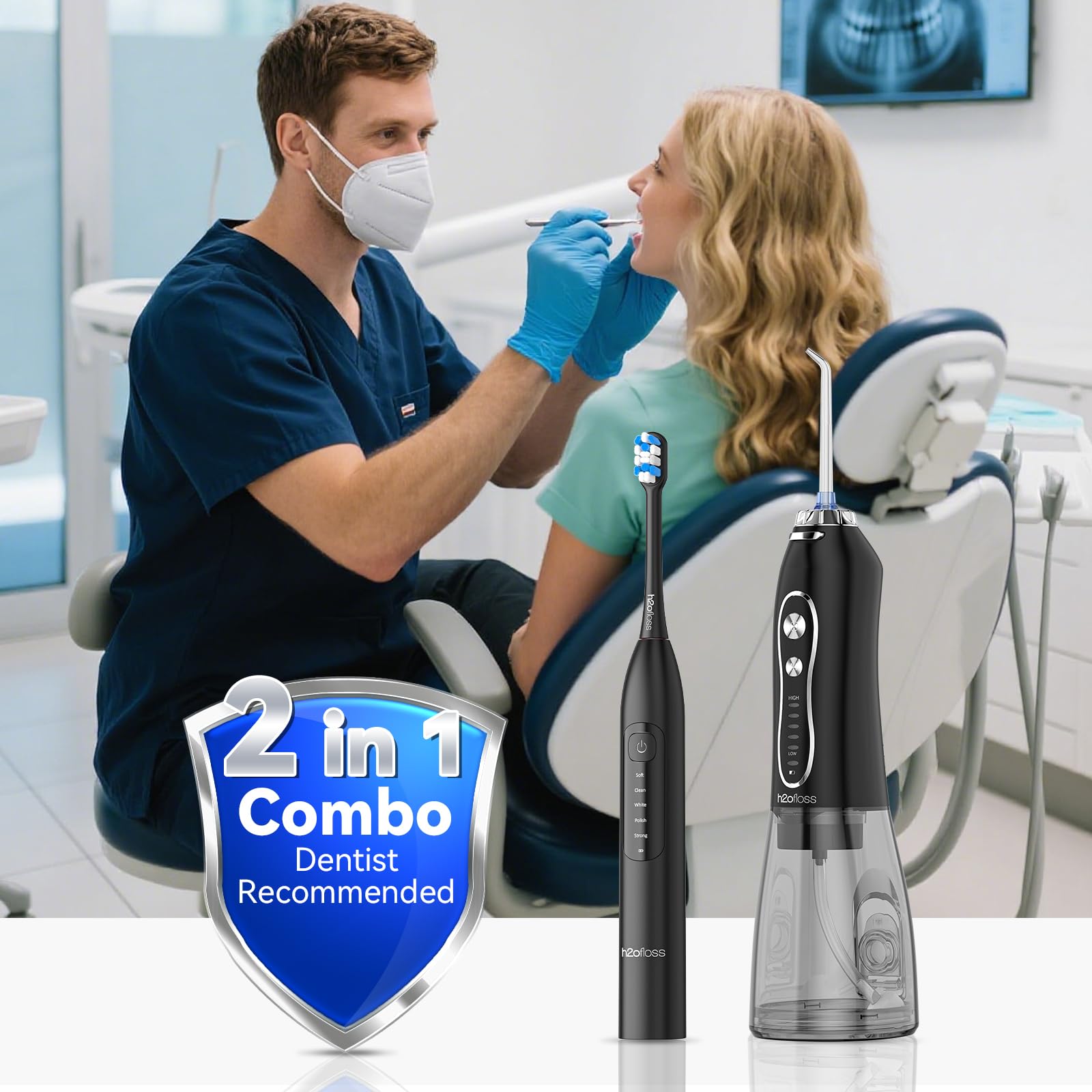 H2ofloss water flosser and electric toothbrush combo, 2-in-1 oral irrigator and cleaning kit with compact design and multiple nozzles