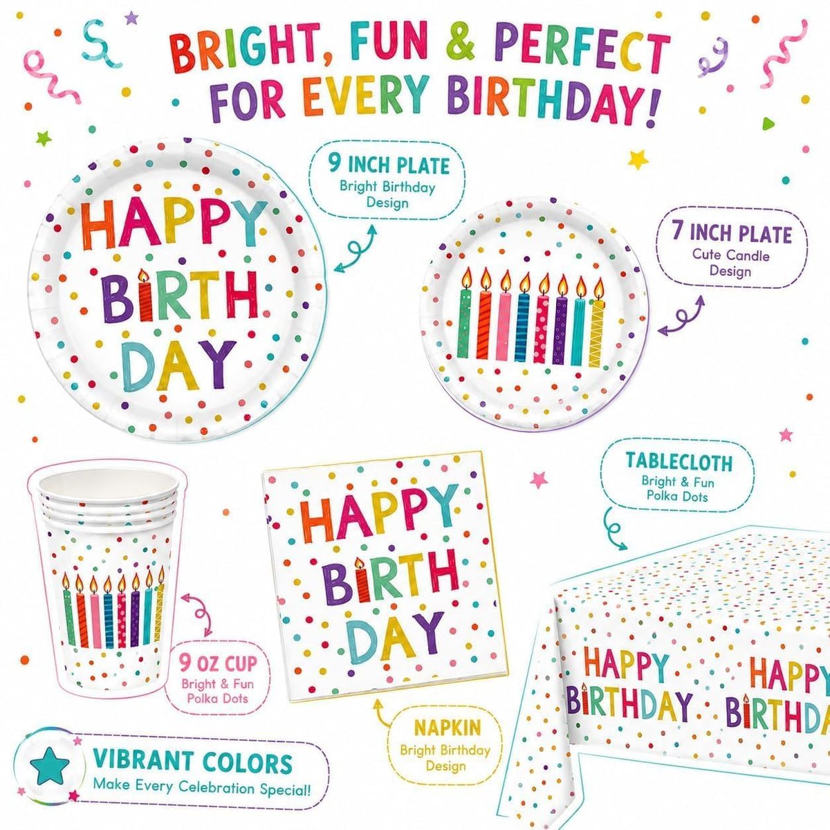 RVXHUA Colorful Polka Dot Party Decorations, Disposable Happy Birthday Plates – full view
