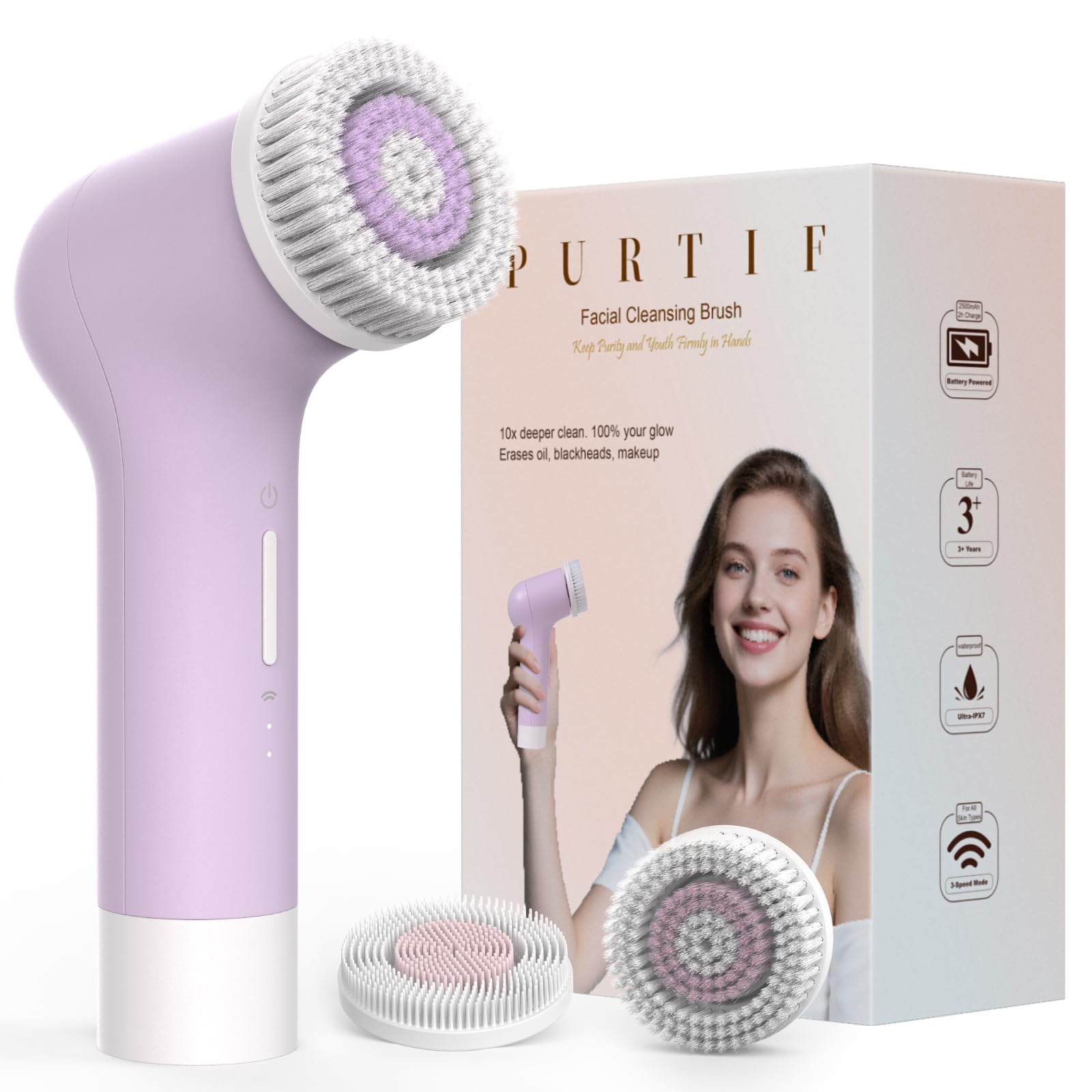 PURTIF electric facial cleansing brush with dual-ring design and three-speed settings for deep skin cleansing.