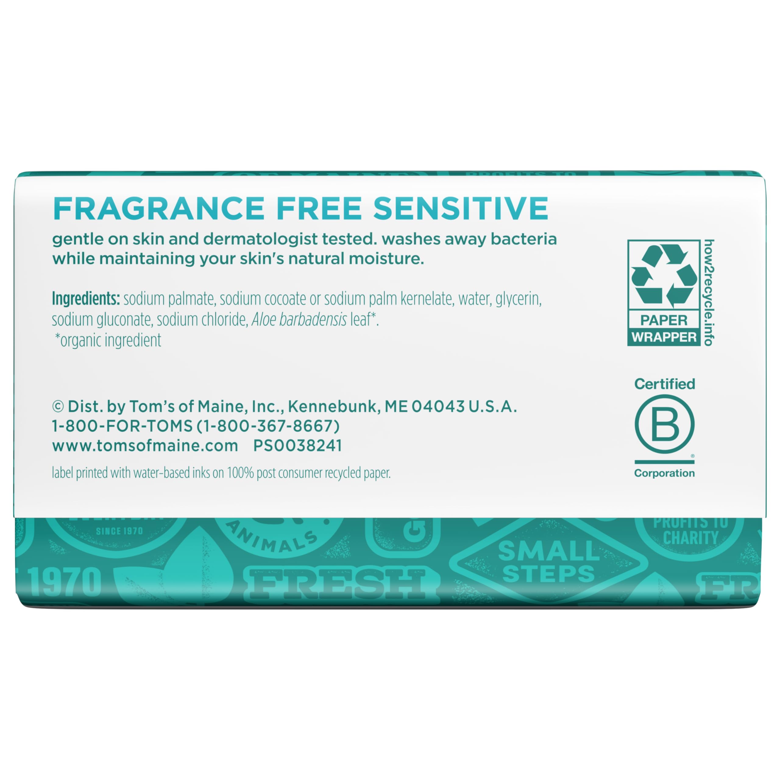 Tom's of Maine fragrance-free natural beauty bar soap, 5 oz, shown in a 6-pack with clean, unwrapped soap bars.