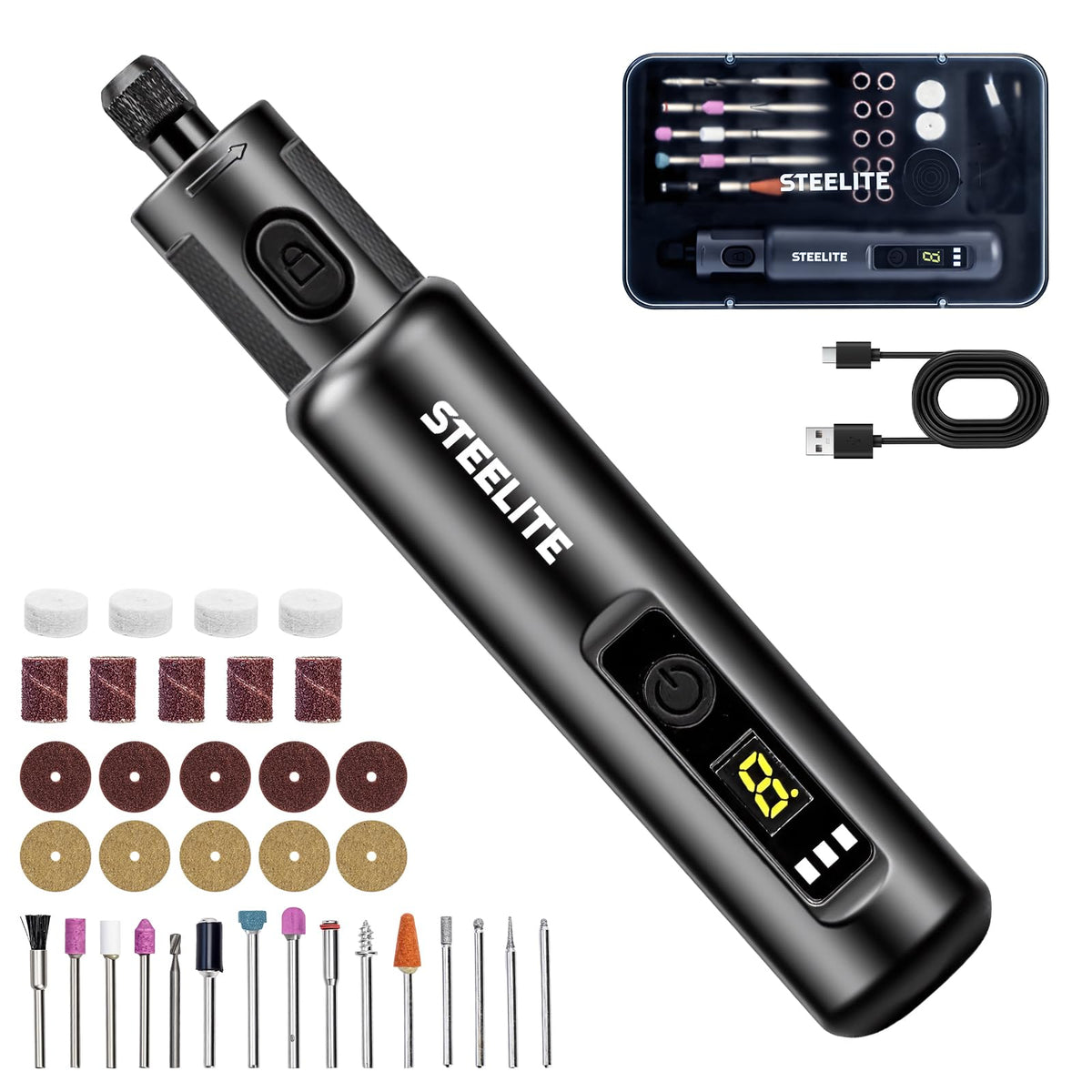 STEELITE Mini Cordless Rotary Tool Kit, 6-Speed with 50 Accessories – product photo (Rotary Tools)