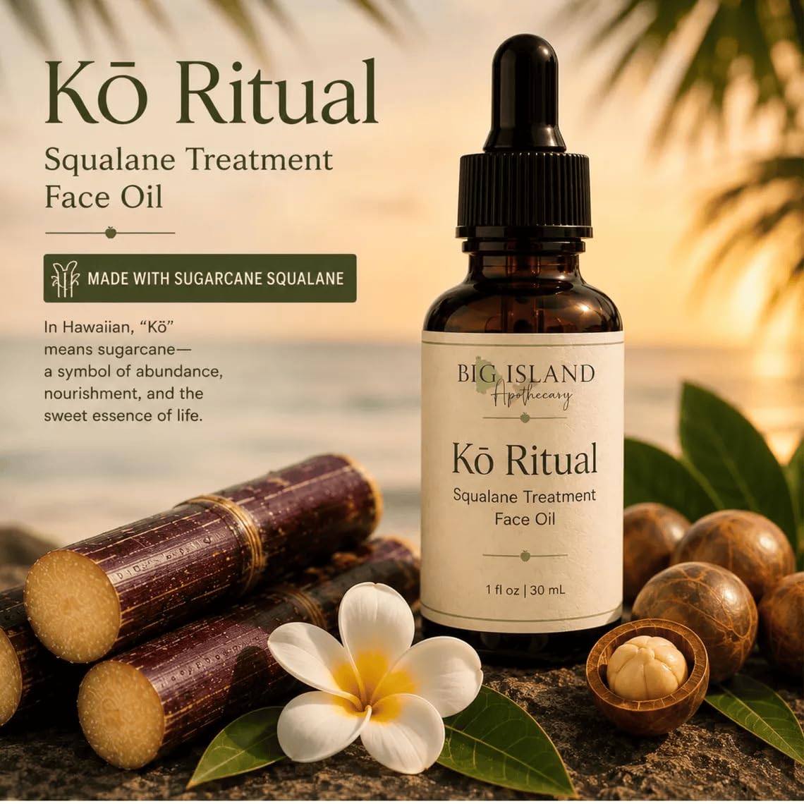 Big Island Apothecary Kō Ritual Sugarcane Squalane Face Oil, 1 oz – close-up detail