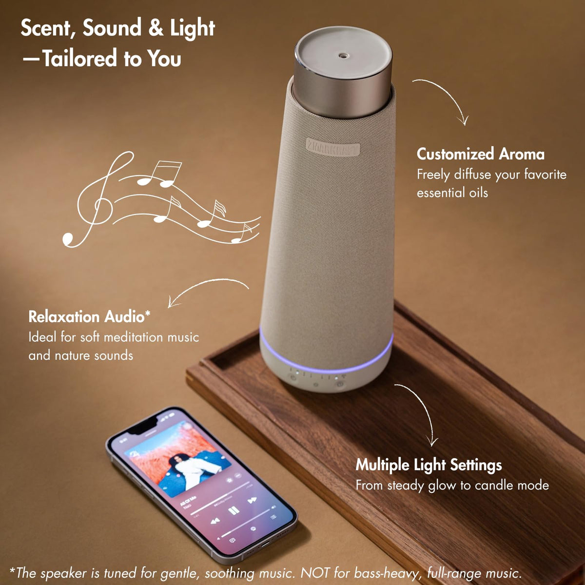 ZMARKRAFT Waterless Essential Oil Diffuser with Ambient Lighting & Built-in Speaker – packaging and label