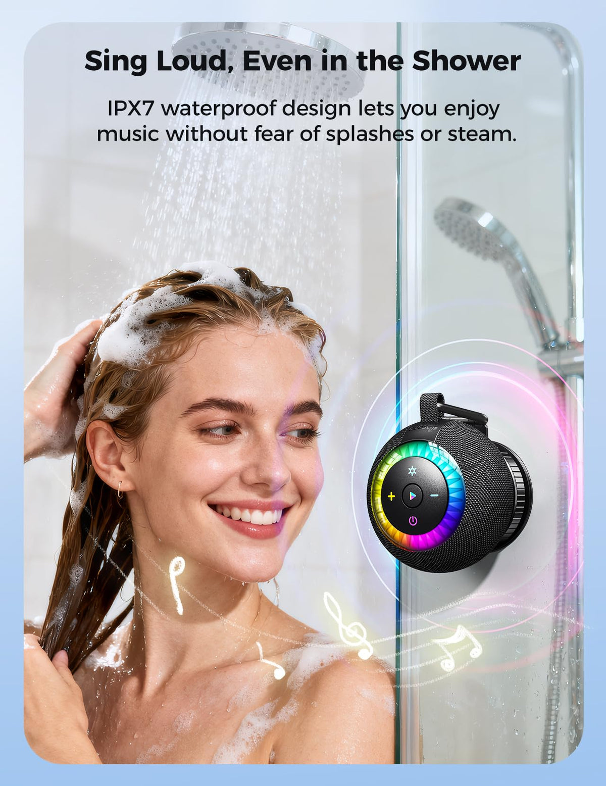 dbsono Bluetooth Shower Speaker IPX7 Waterproof: Removable Suction Cup, Black – close-up detail in black