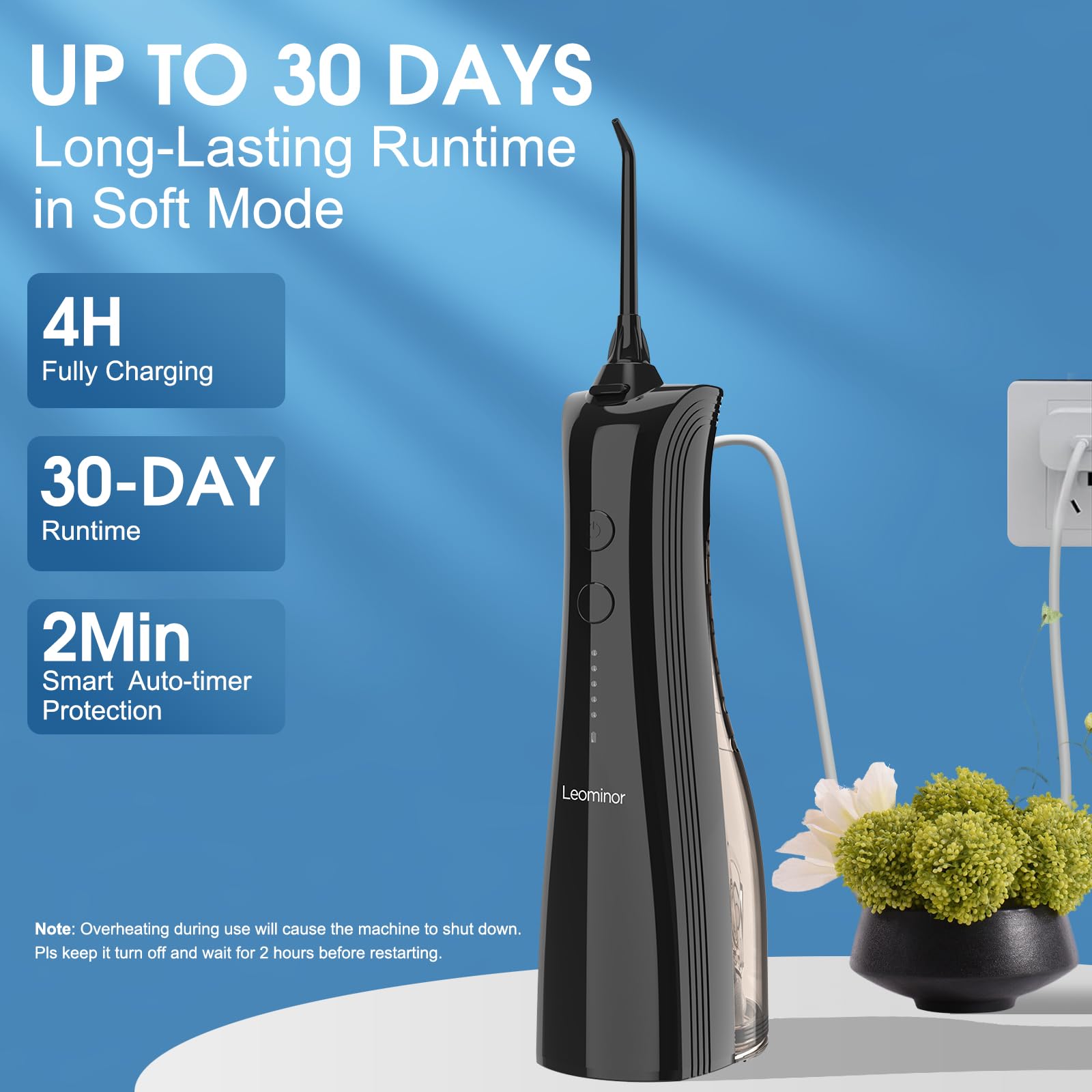 Leominor Water Dental Flosser cordless oral irrigator with 5 modes, waterproof, rechargeable, black, for home and travel use.