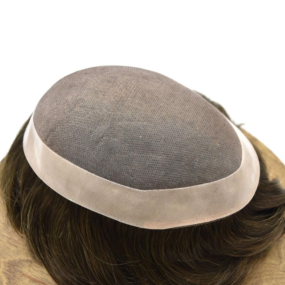 Curve Hair men's toupee wig with medium brown human hair, monofilament base, 7x9 inch durable poly-coated hairpiece for men.