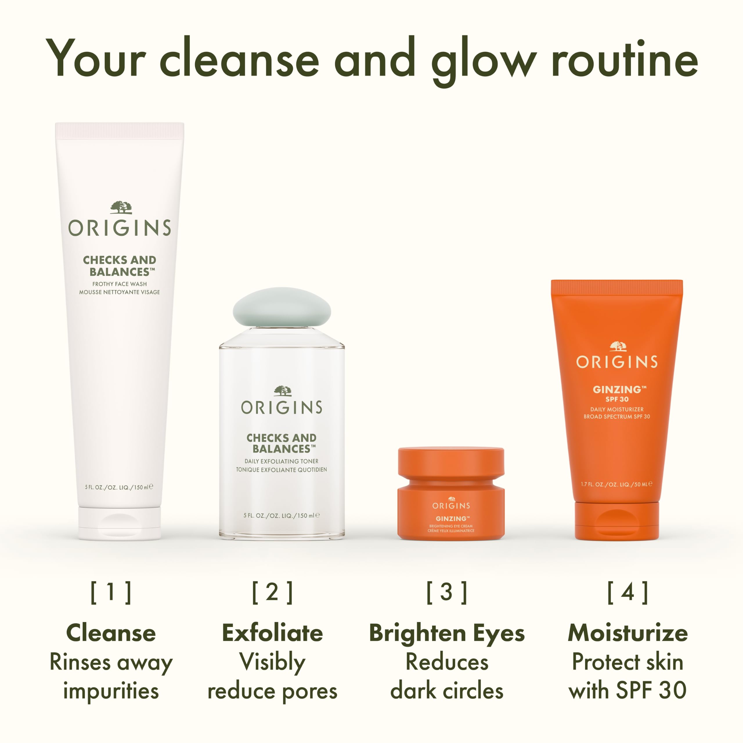 Origins Checks & Balances face wash in a 5 fl oz bottle, featuring a clear liquid and pump dispenser for gentle skin cleansing.