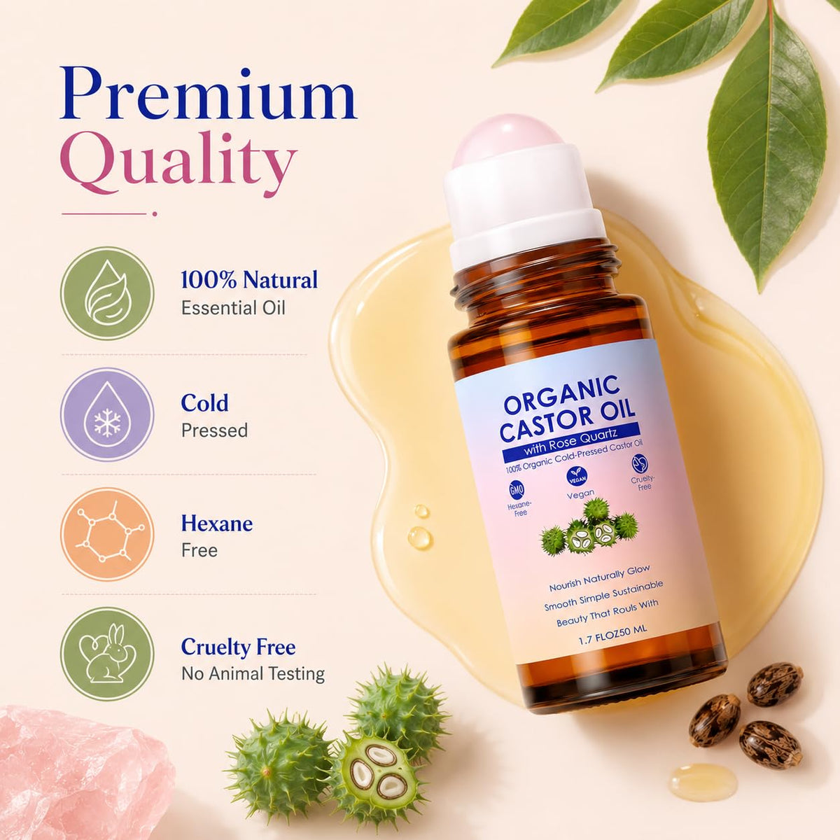 SDXJIOGE Organic Castor Oil Rose Quartz Roller Ball – 100% Cold Pressed Hexane Free Castor Oil Roll On for Facial Skin C