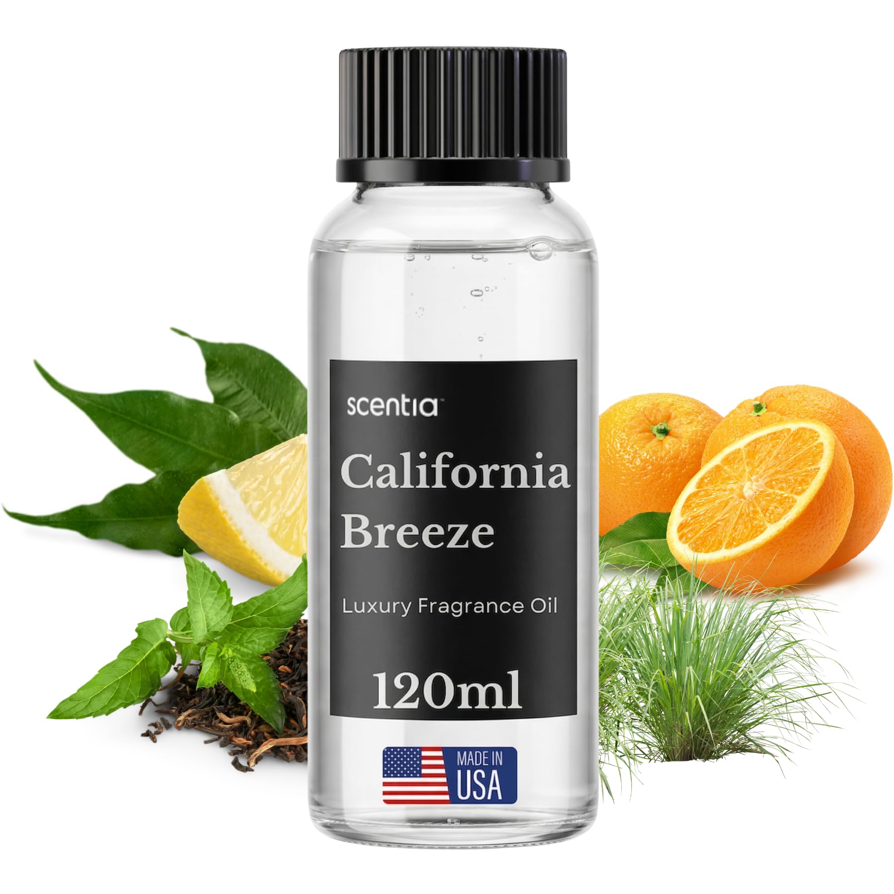 Scentia California Breeze essential diffuser oil 120ml bottle with clear label and cap, designed for aromatherapy diffusion.