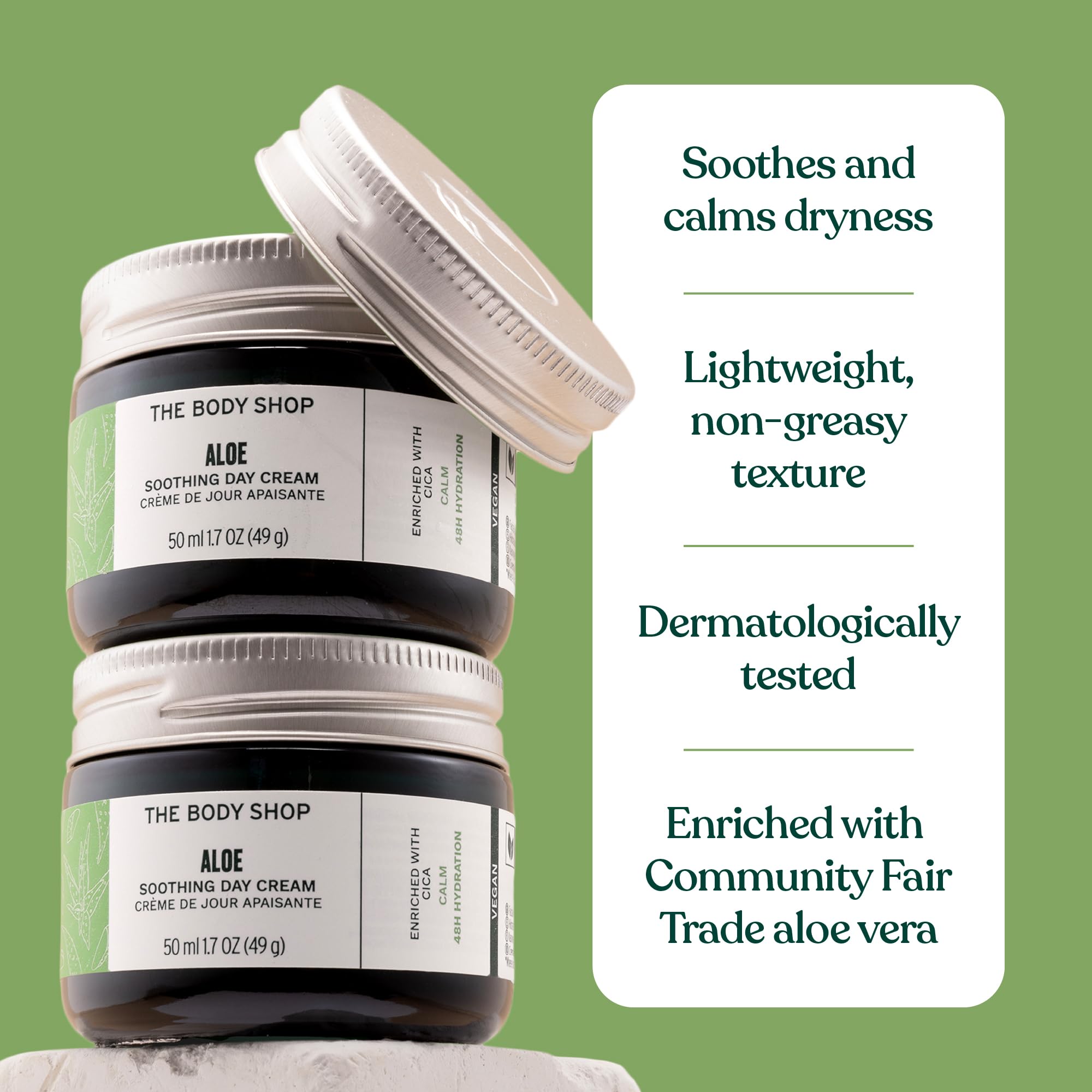 The Body Shop Aloe Vera Day Cream for sensitive skin in a 50ml jar, featuring a lightweight, soothing moisturizer for gentle skin.