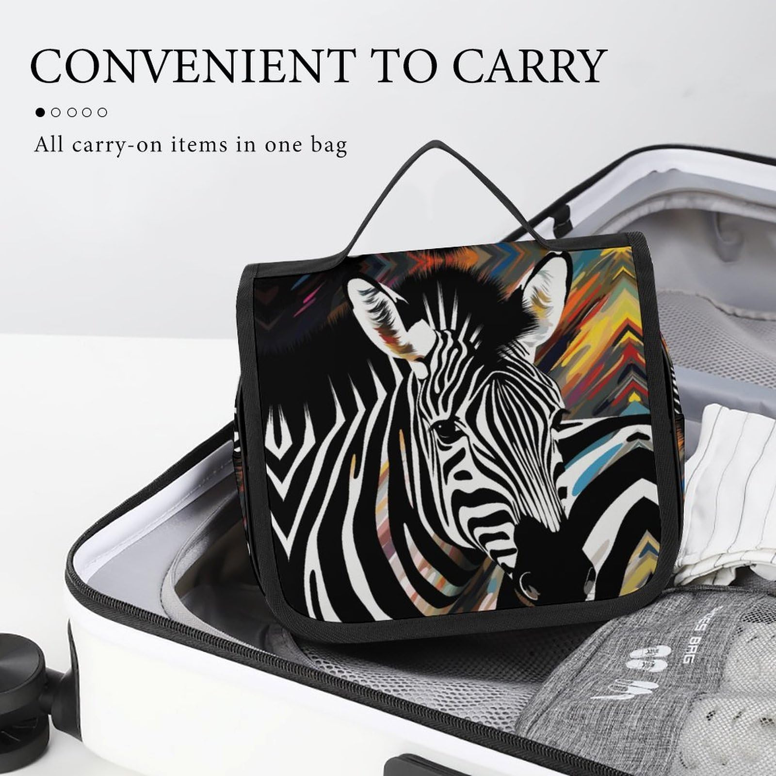 JTREHY Abstract Animal Zebra Hanging Toiletry Bag, Lightweight Durable Polyester Travel Cosmetic Organizer with Hook, Multi-Compartment Wash Bag for Travel Gym Camping Bathroom Storage