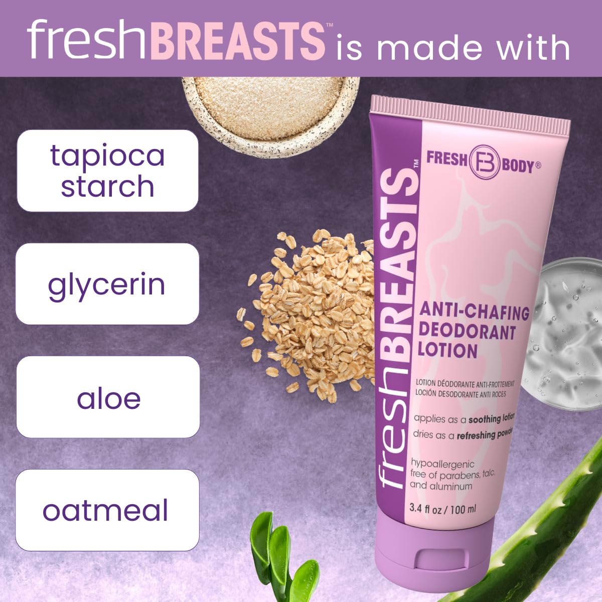 Fresh Body FB Fresh BREASTS Anti Chafing Deodorant Lotion to Powder, 3.4oz (2 Pack) - Anti Chafe Cream Whole Body Deodor