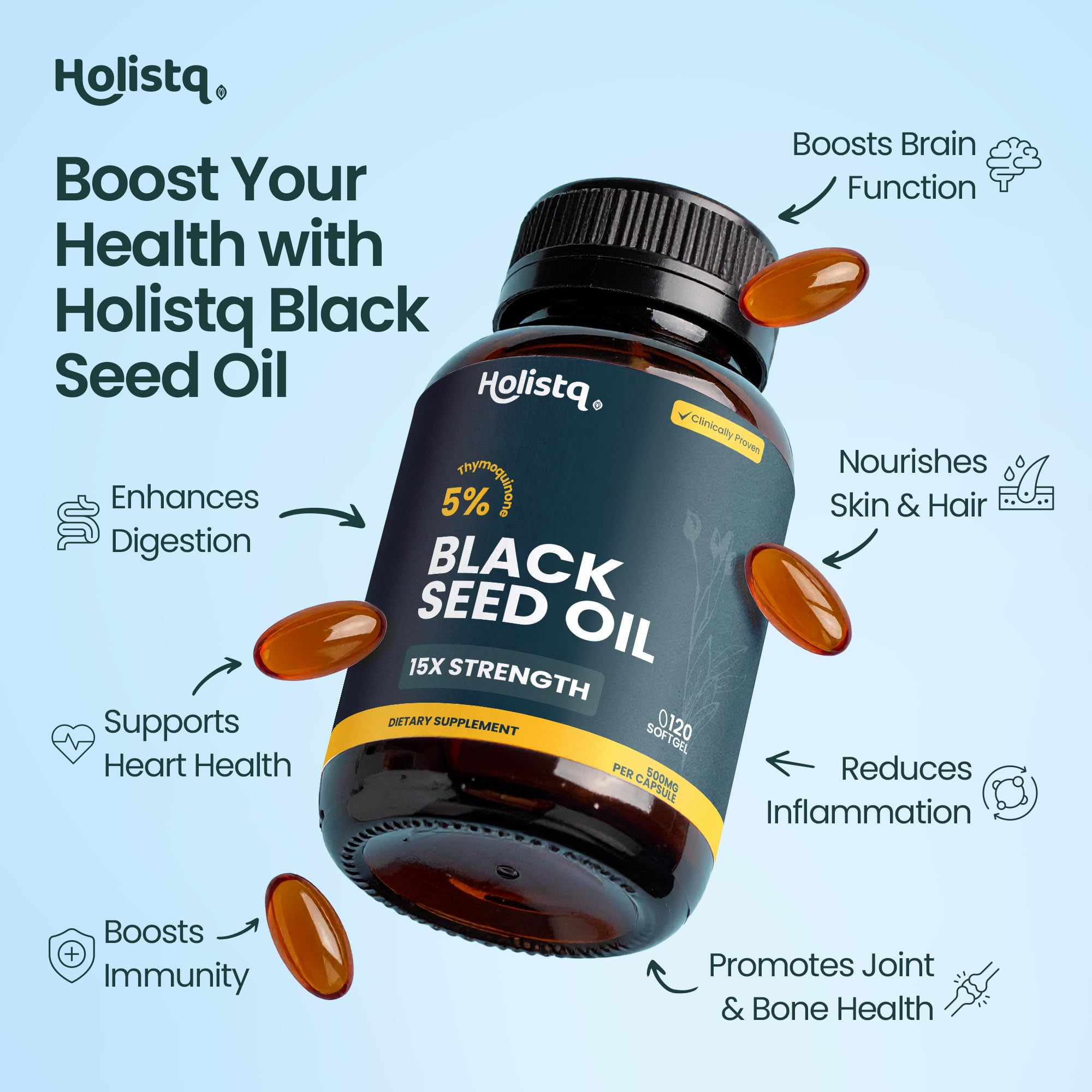 HOLISTQ Black Seed Oil Capsules, Organic Cold Pressed, 5% Thymoquinone