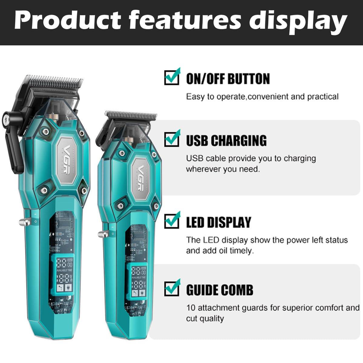 VGR Professional Hair Clippers for Men Cordless Barber - VGR Official Imagery - 3