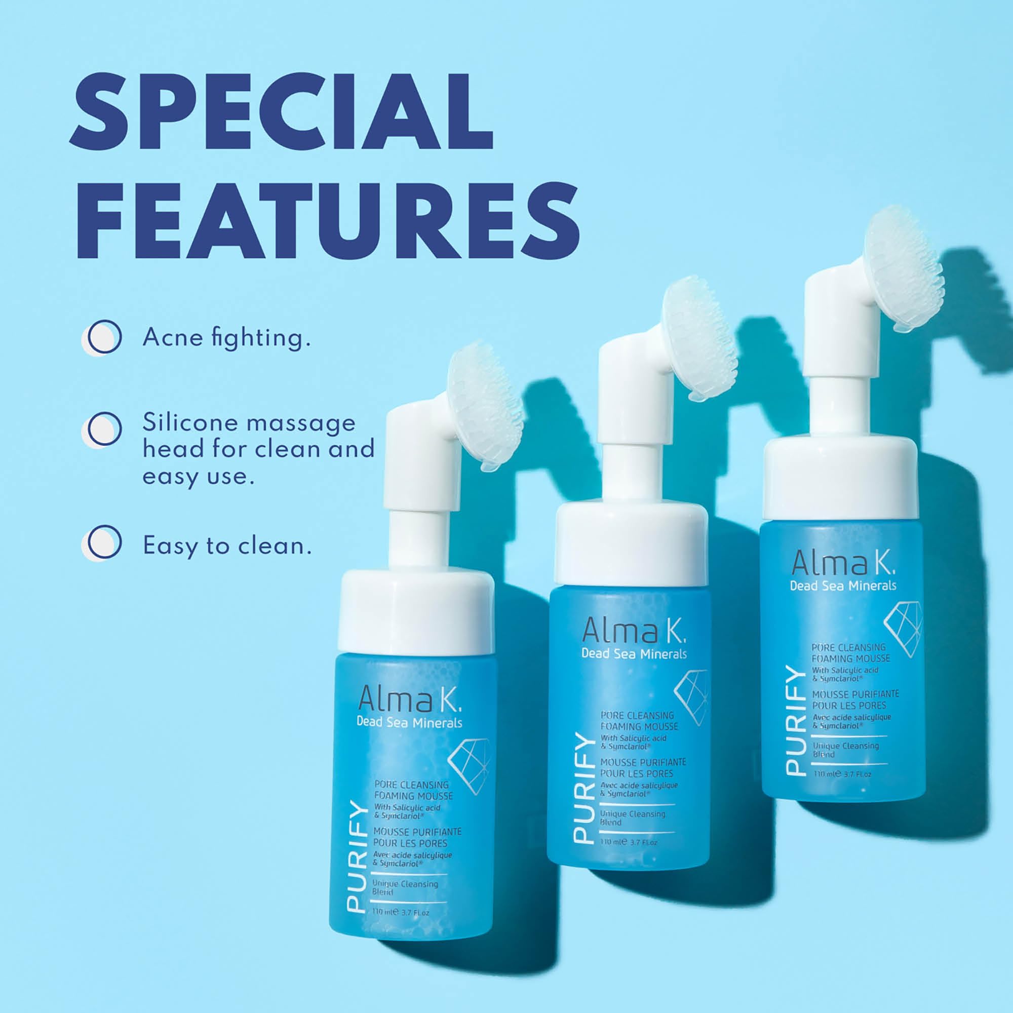 ALMA K Pore Cleansing Foaming Mousse face cleanser for women, gentle hydrating facial wash with salicylic acid, 3.4 oz bottle.
