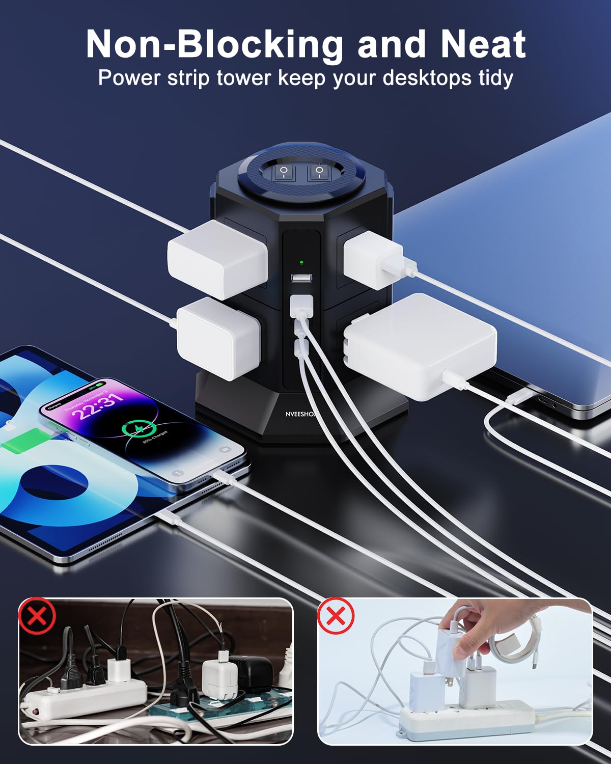 NVEESHOX Surge Protector Power Strip Tower, Flat Plug Power Strip with 8 AC Outlets 4 USB Ports(20W PD Type C), 6.5 FT U