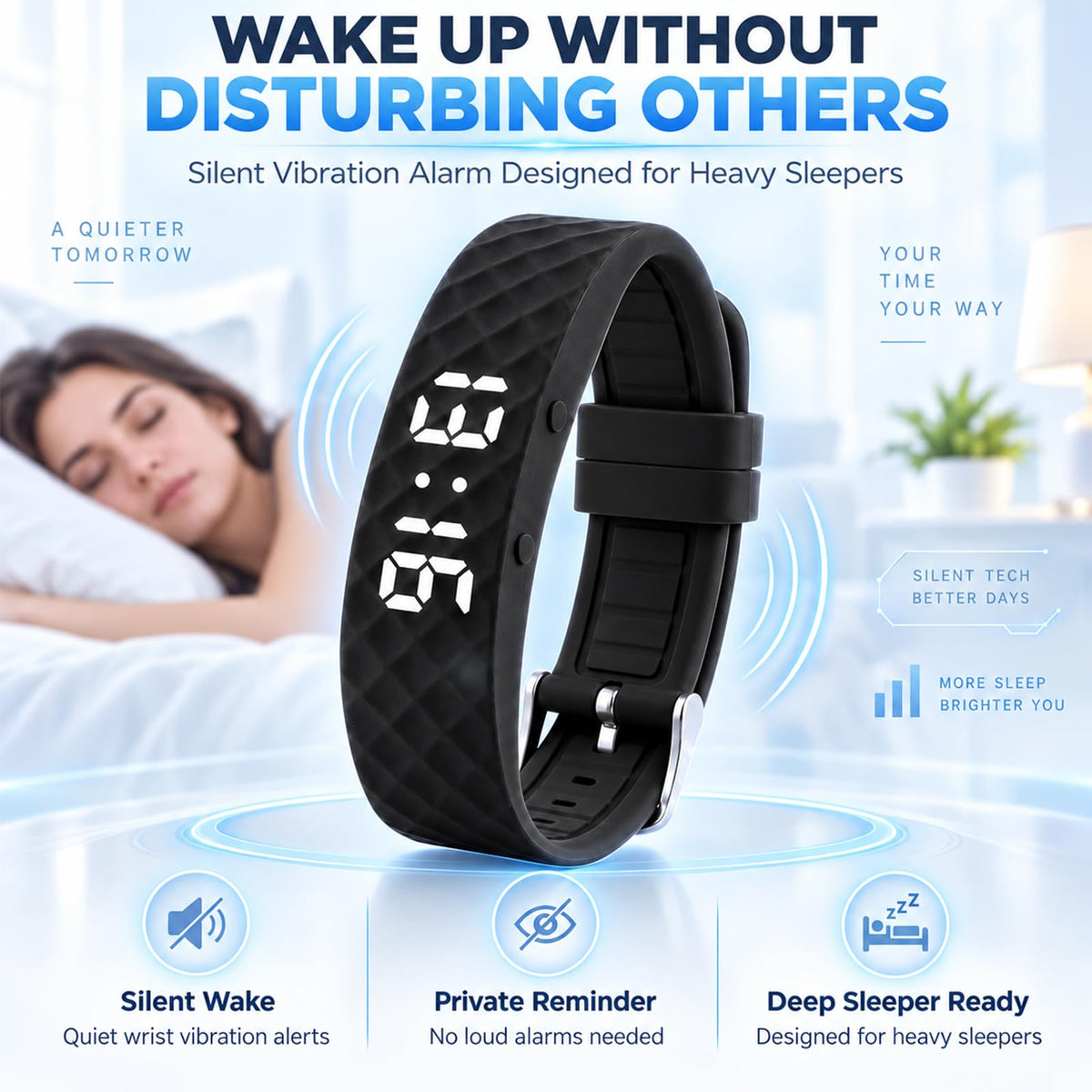 GPQVTVM Alarm Clock for Heavy Sleepers Vibrating Wristband Bracelet Watch Silent – close-up detail in Black