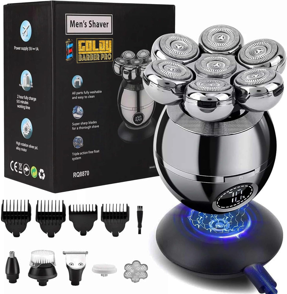7D Floating Head Shaver for Bald Men 5 in 1 Grooming Kit LED - GOLDY BARBER PRO Official Imagery - 1