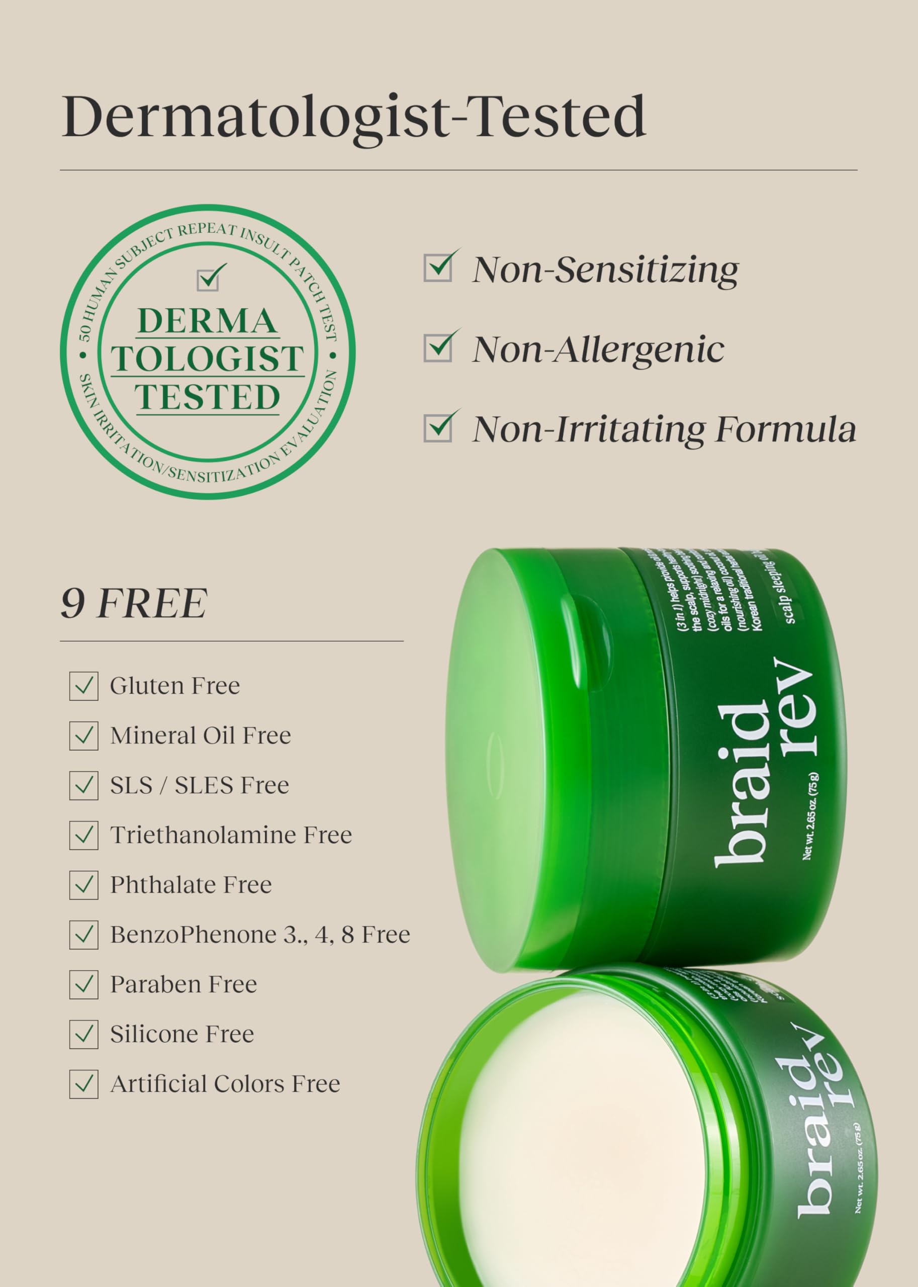 Bephor Braid Rev Scalp Sleeping Oil Balm on hair, showing nourishing night care for scalp and braid maintenance in a 2.65 oz jar.
