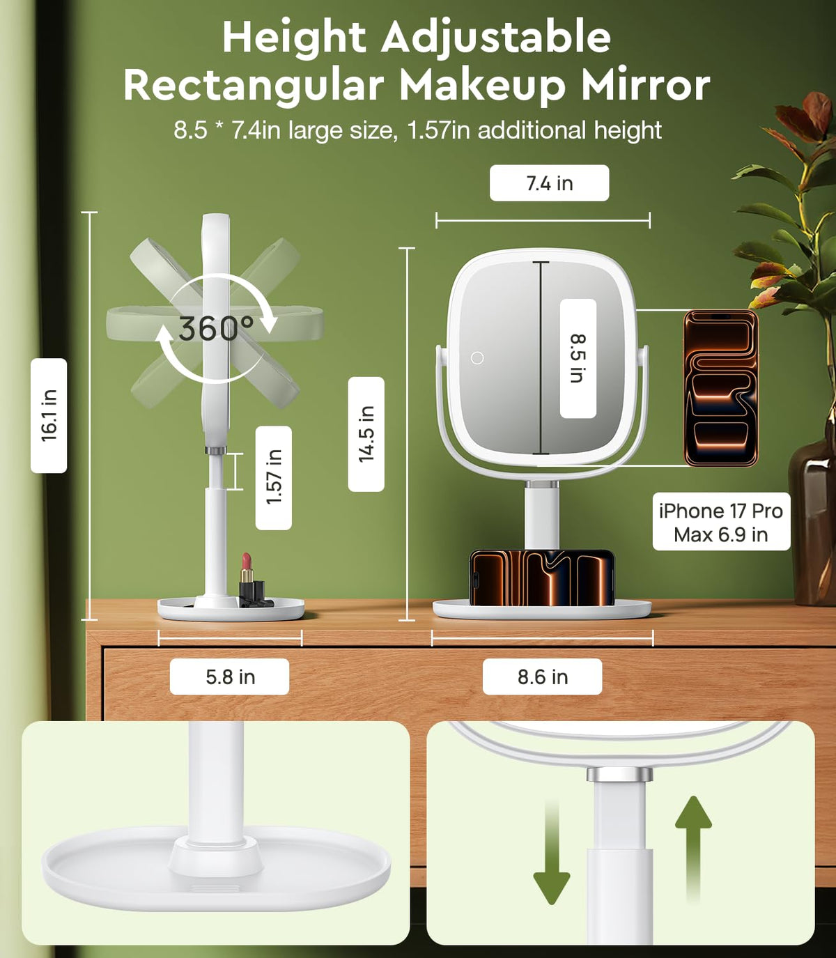 Glowtop Height Adjustable Lighted Makeup Mirror with Lights and Magnification 20X – product photo (Makeup Mirrors)