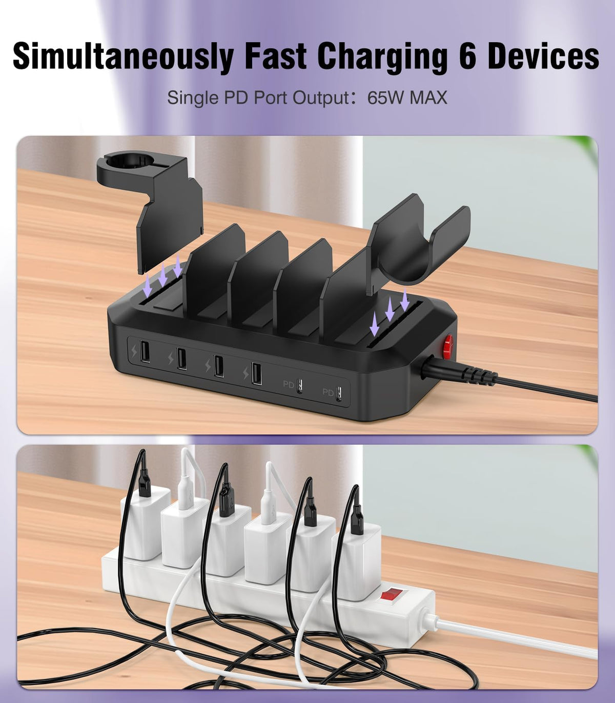 HSicily 95W Fast Charging Station for Multiple Devices, 6-Port USB Charging Dock – alternate angle