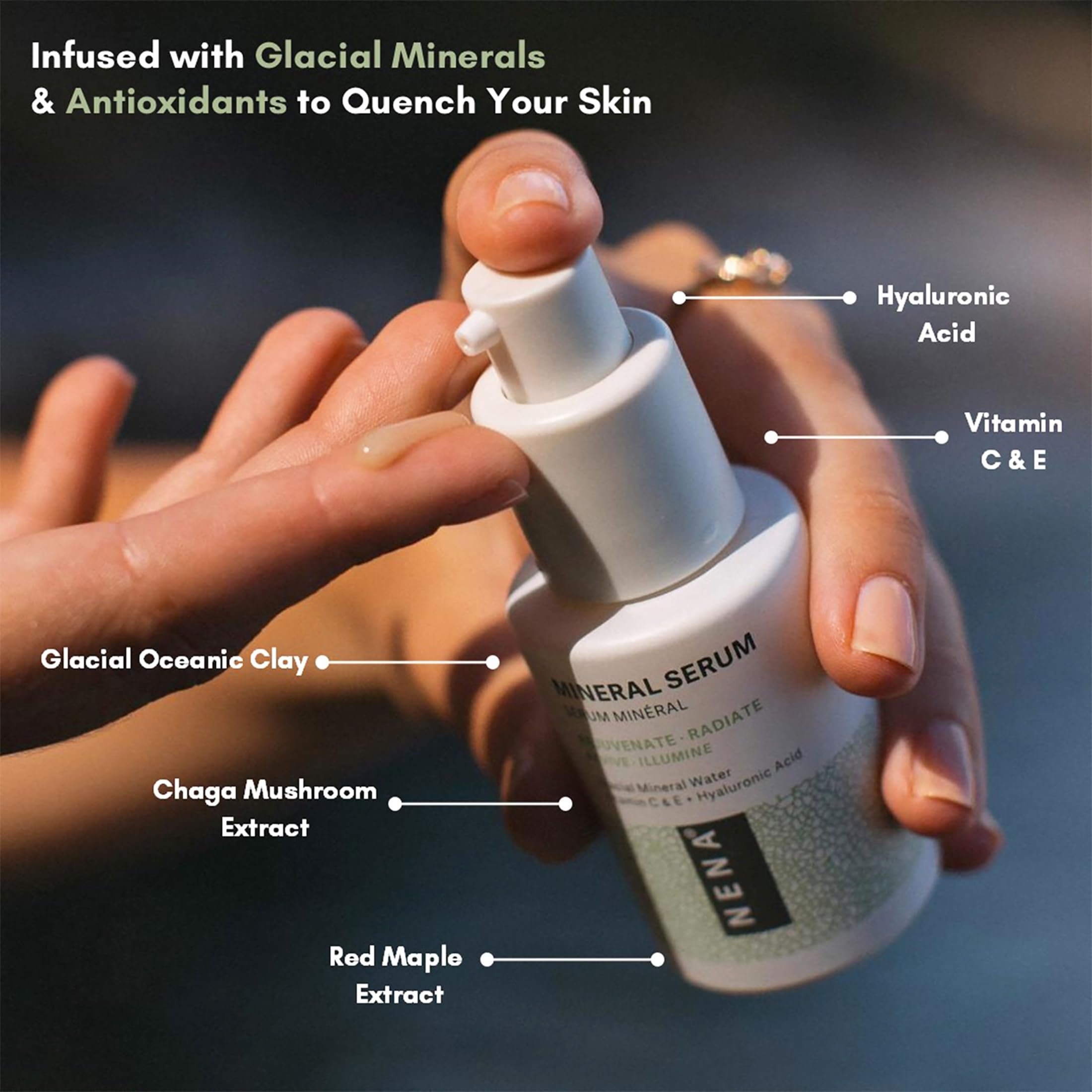 NENA Skincare Mineral Serum - Vitamin C Serum with Hyaluronic Acid - Face Lotion for Deep Hydration, Firmness and Elasticity - All Skin Types - 1 oz