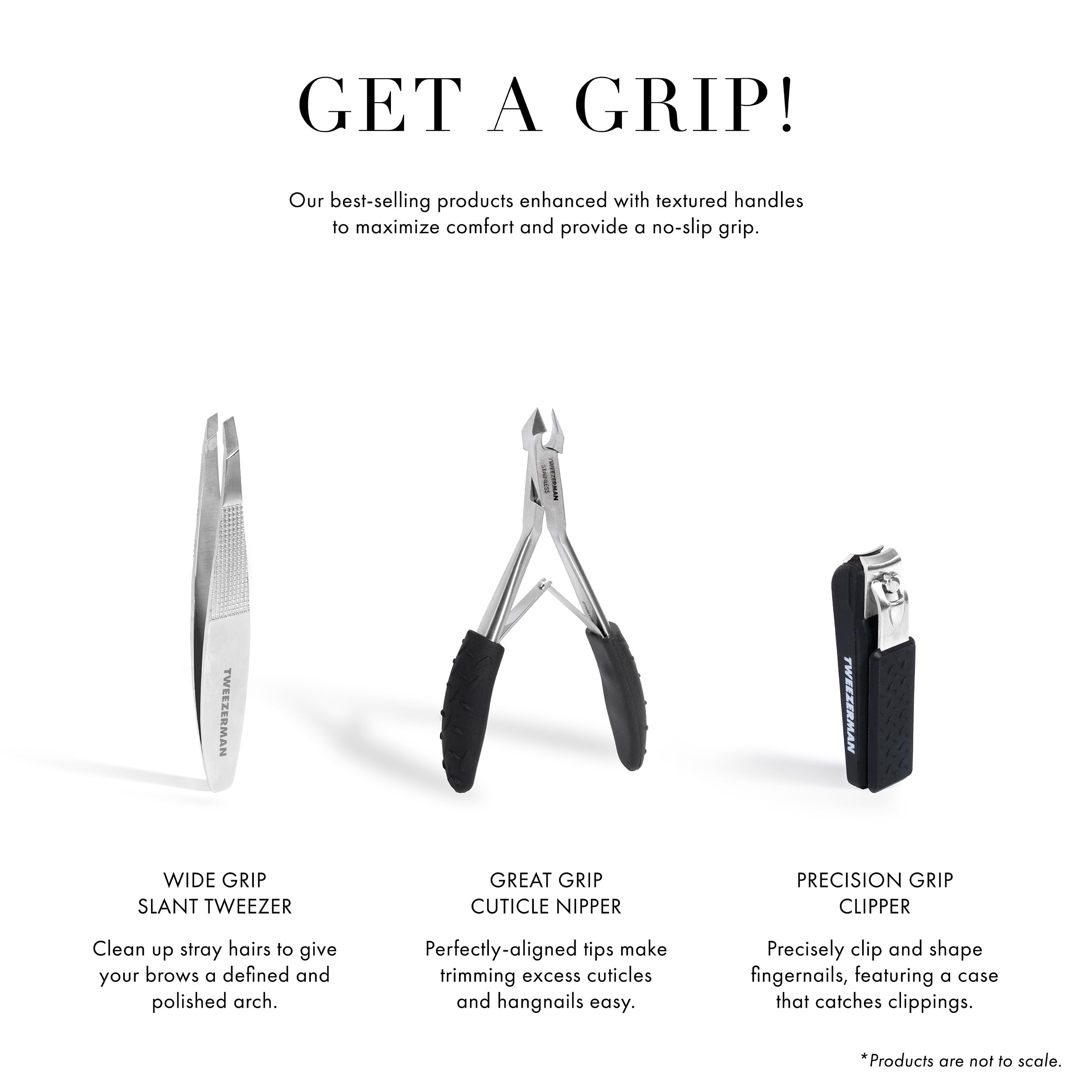 Tweezerman Wide Grip Slant Tweezer made of stainless steel with ergonomically designed wide grip for precise eyebrow shaping.