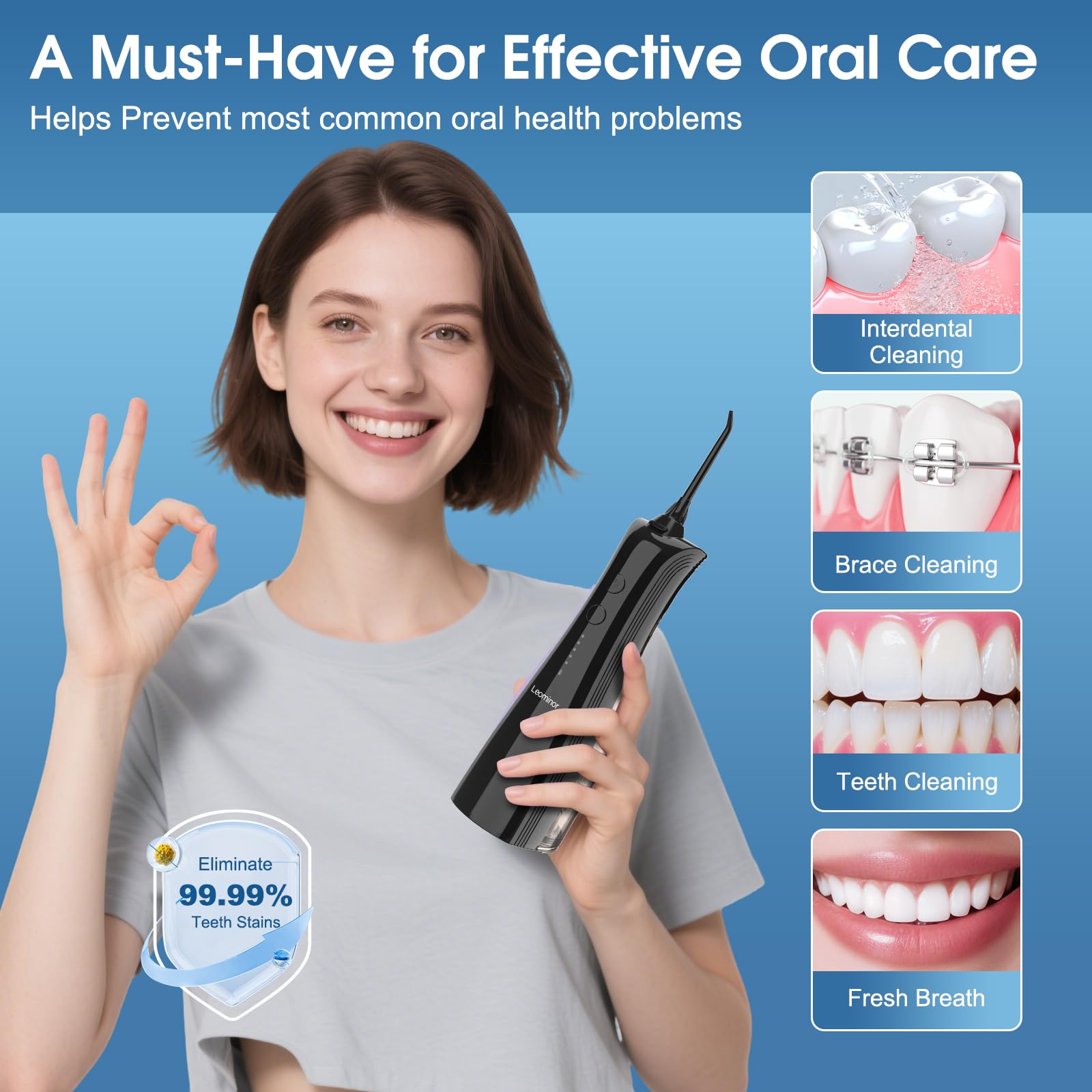 Leominor Water Dental Flosser cordless oral irrigator with 5 modes, black, waterproof design, rechargeable teeth cleaner for home travel.