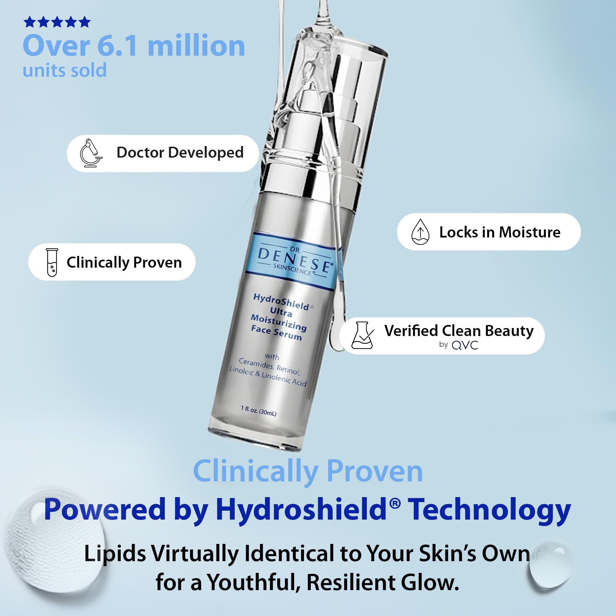 Dr. Denese HydroShield Retinol Serum 1oz with ceramides, showcasing a sleek skincare serum bottle on a white background.