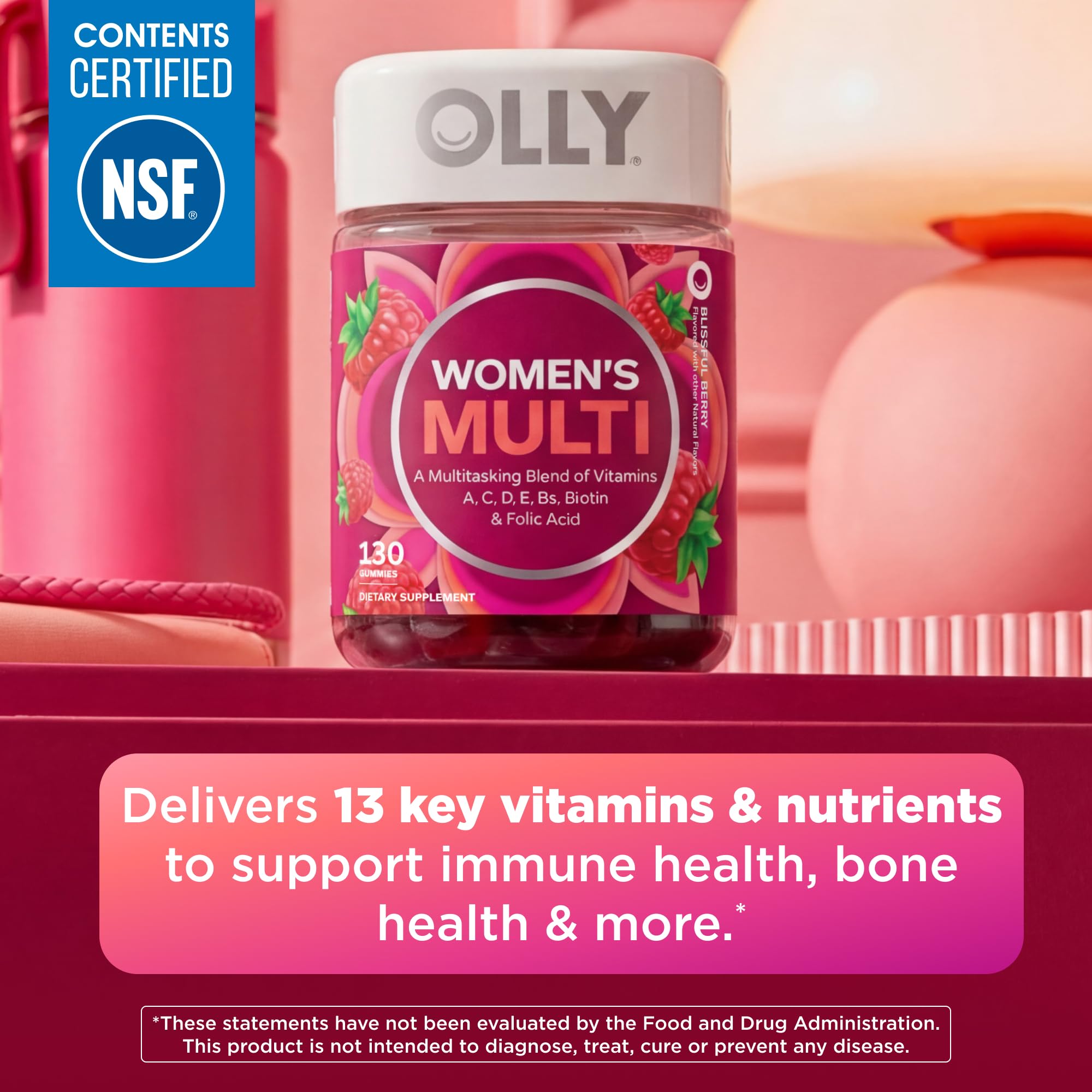 OLLY Women's Multivitamin bottle with 130 count, featuring biotin for overall wellness and daily vitamin support.