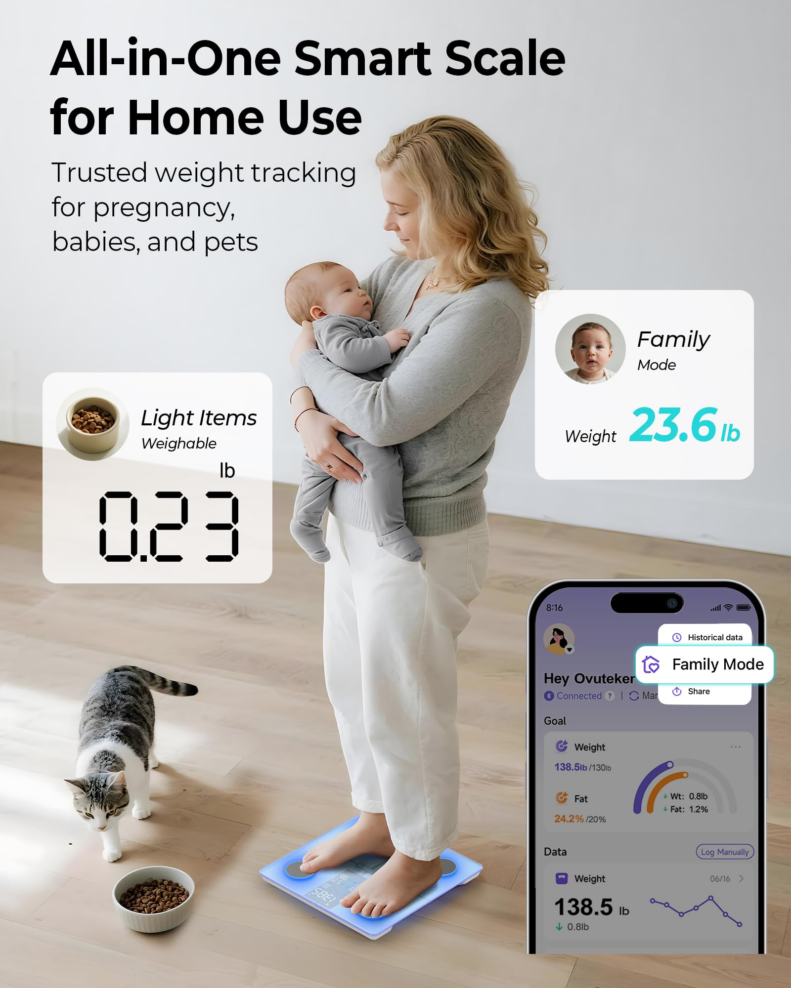 Ovutek smart digital scale displaying body weight, BMI, muscle mass with color-changing LED display on a sleek glass surface.