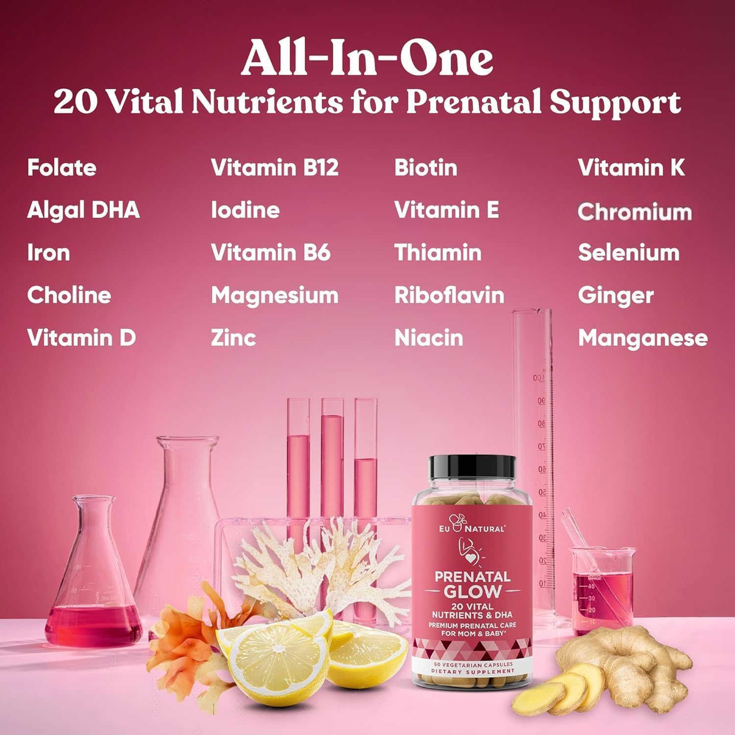 Eu Natural Glow prenatal vitamin bottle with 60 vegetarian capsules, featuring folate and DHA for women’s health.
