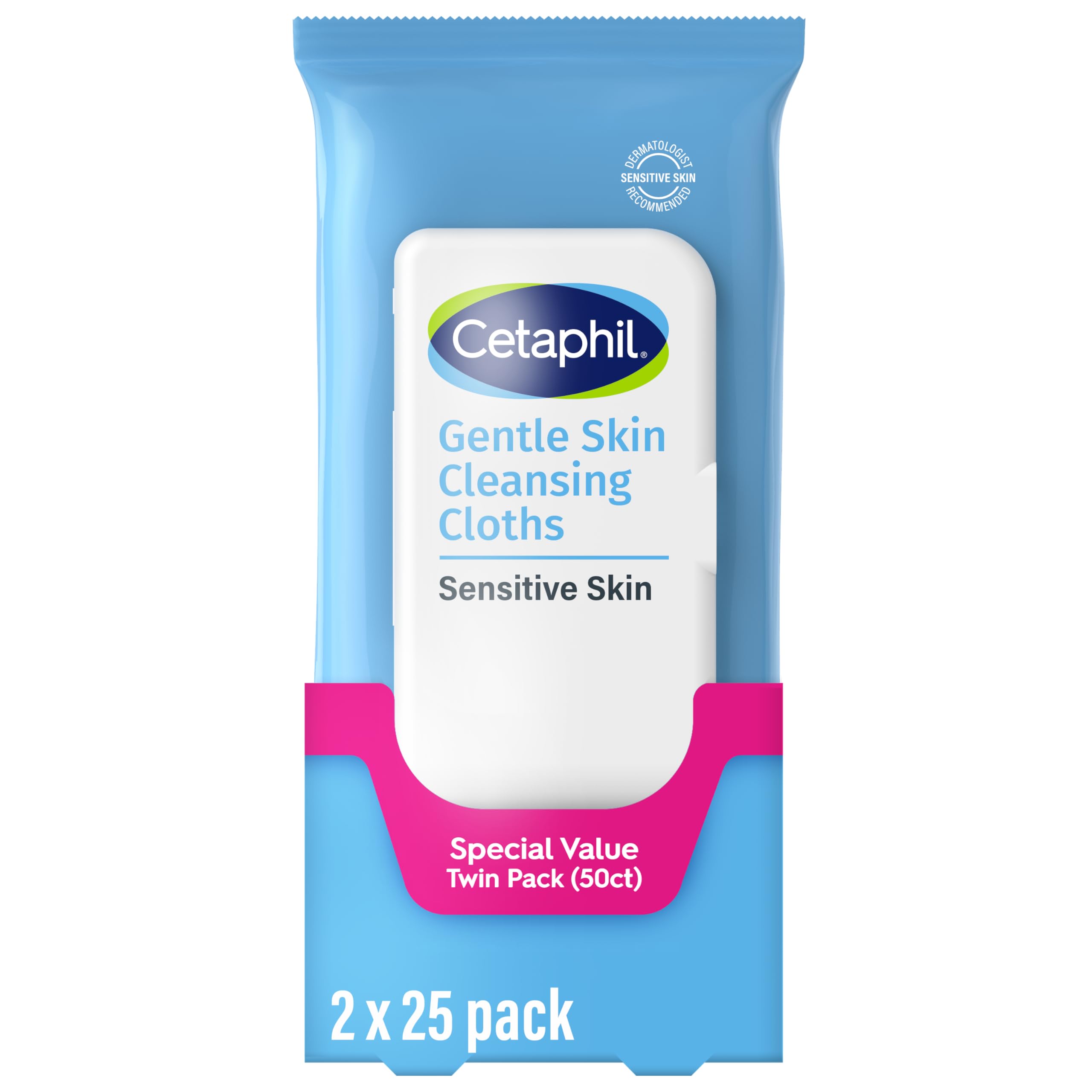 Cetaphil fragrance-free cleansing face and body wipes in a 2-pack, 50 count each, ideal for gentle skin cleaning.
