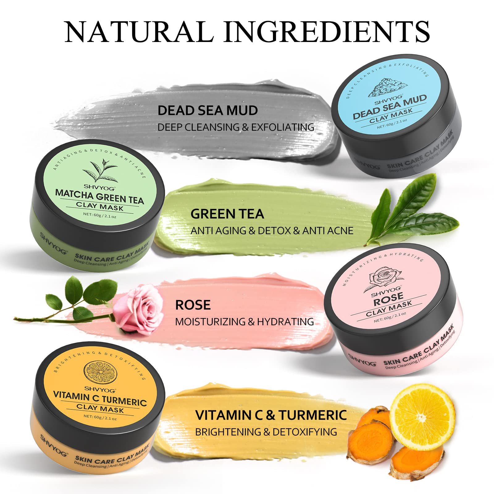 SHVYOG 4-piece face mask set with turmeric, vitamin C, green tea, rose, and Dead Sea mud for deep cleansing and pore refining.