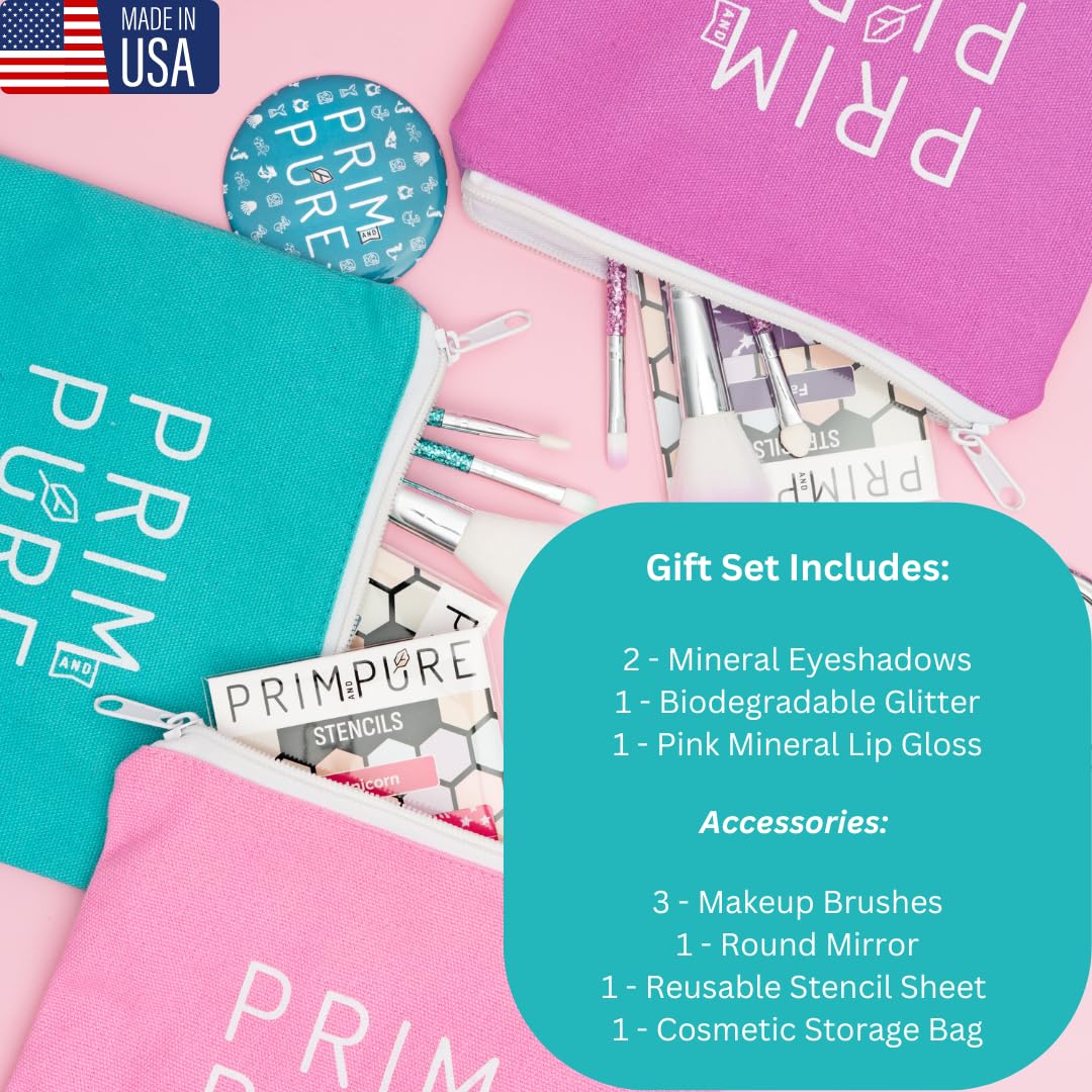 Prim and Pure Kids Makeup Gift Set - Stencil, Makeup Eyeshadow Bioglitter Lip Gloss and Cosmetic Bag Mirror Makeup Brush