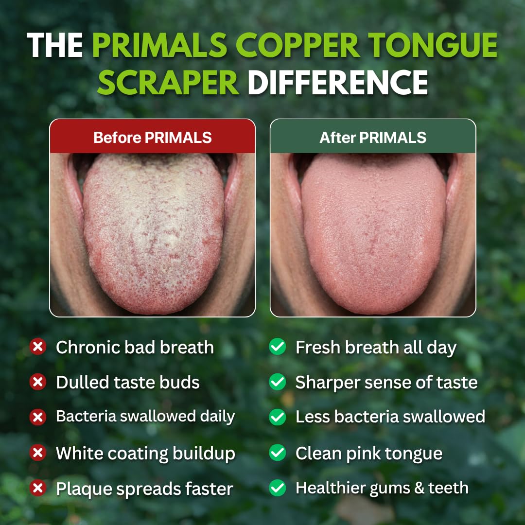 PRIMALS Copper Tongue Scraper - Fresher Breath & Improved Oral Health - Natural Ayurvedic Cleaner for Daily Detox - Rust-Resistant, Eco-Friendly with Travel Cloth Pouch Included (1 Count)