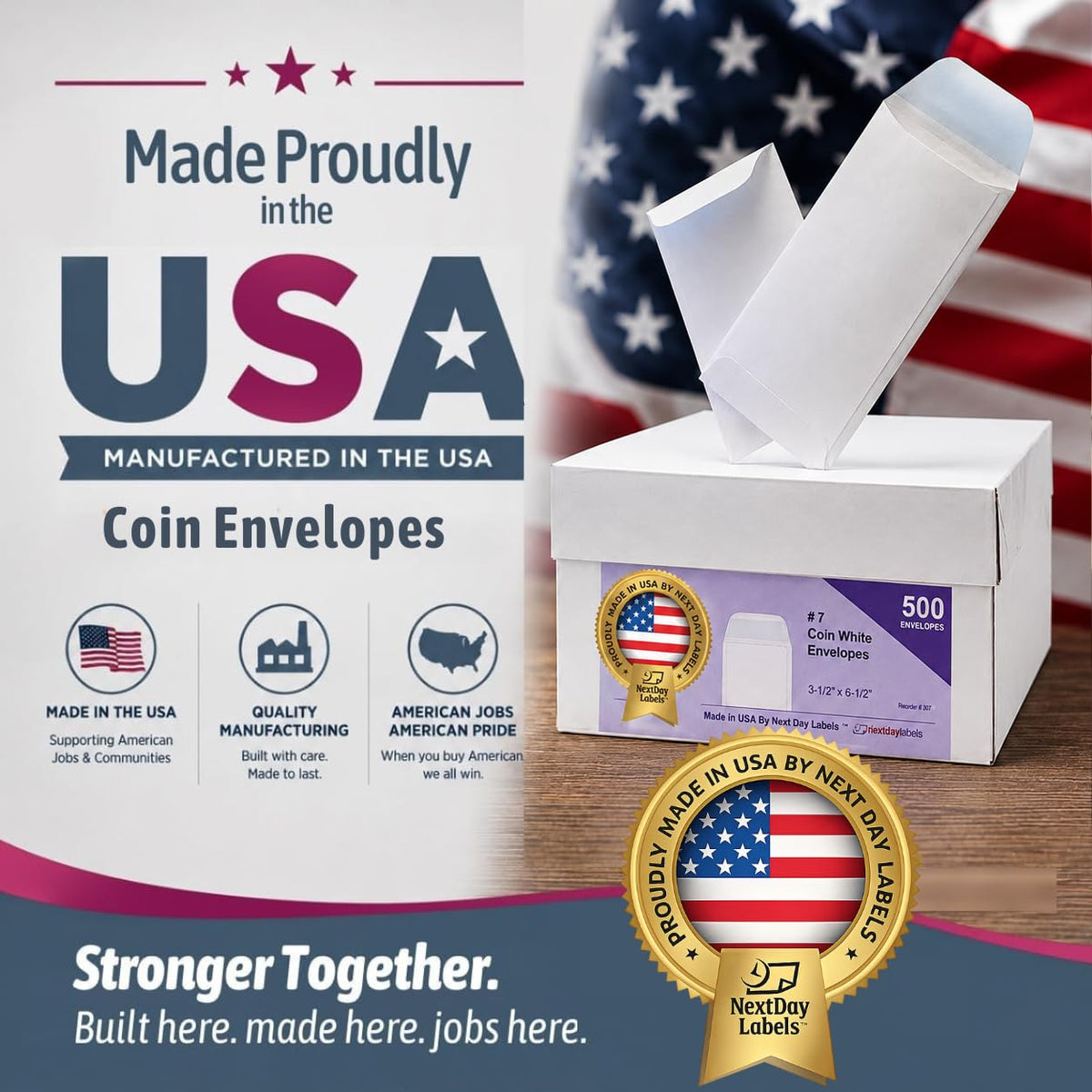 NextDayLabels - Box of 500#7 White Coin Envelopes, Made in USA – back view and specifications