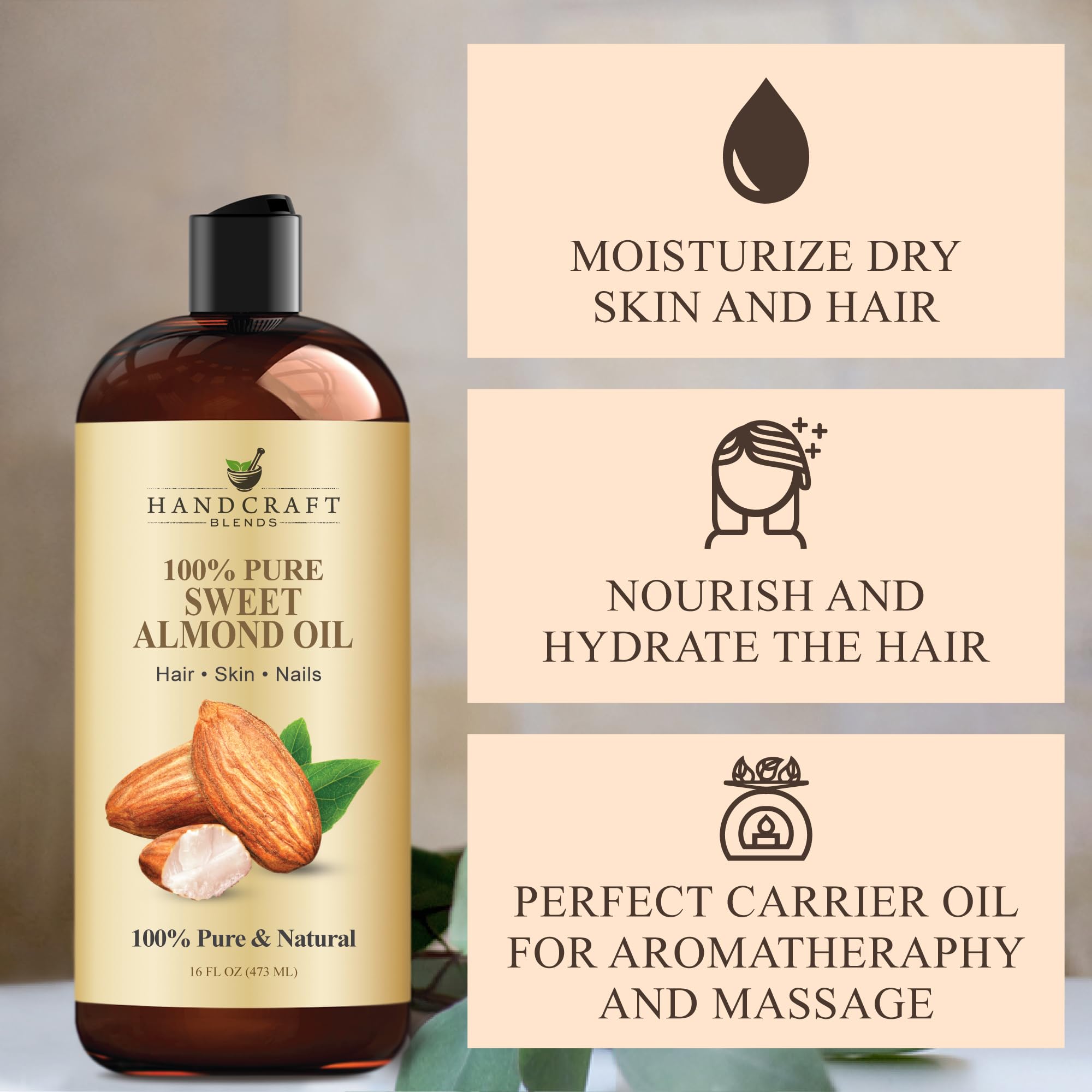 Handcraft Sweet Almond Oil 100% pure 16oz bottle, ideal for bathwater additive, natural carrier oil from Handcraft Blends.