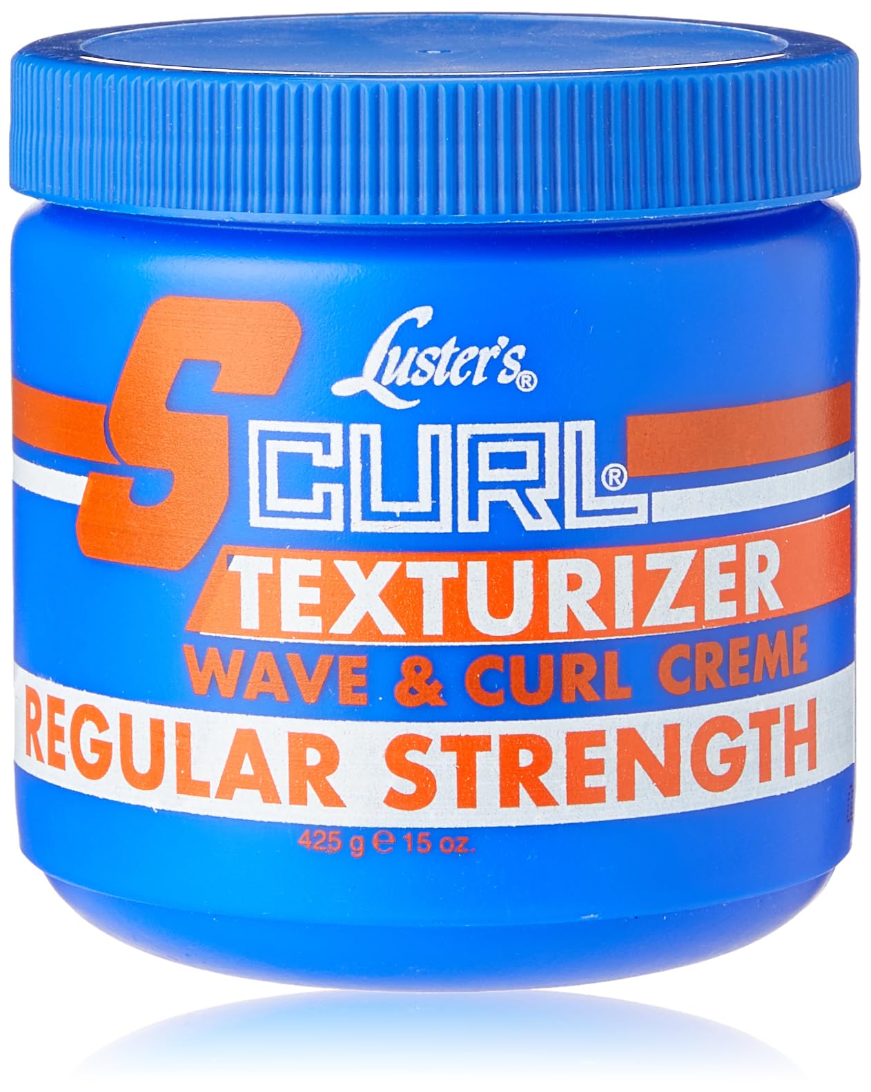 Luster S Curl Texturizer Wave & Curl Creme for hair styling, showing the product jar with a white lid and blue label.